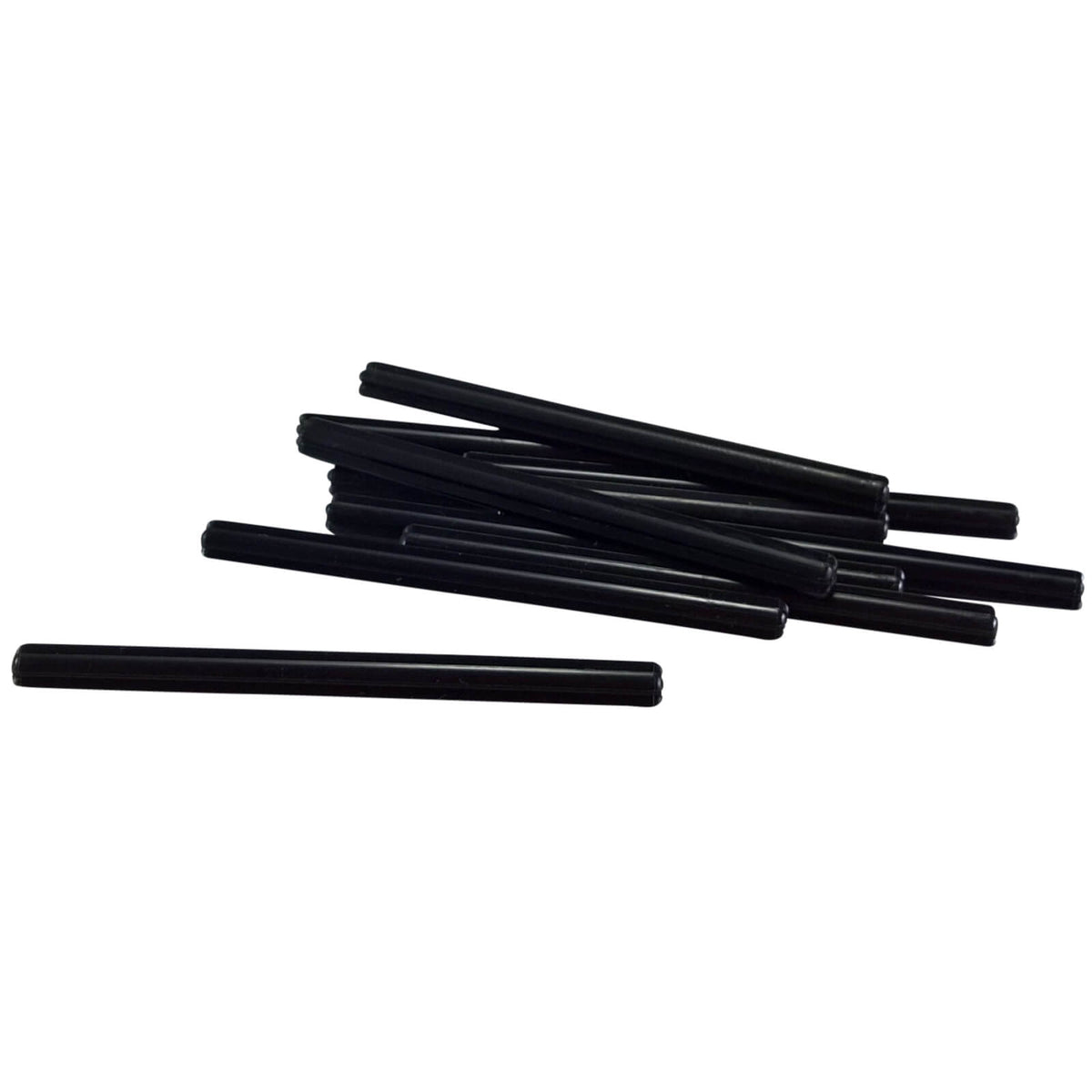 Black LEGO Technic Axle 8L pieces, part 3707, arranged on a white background
