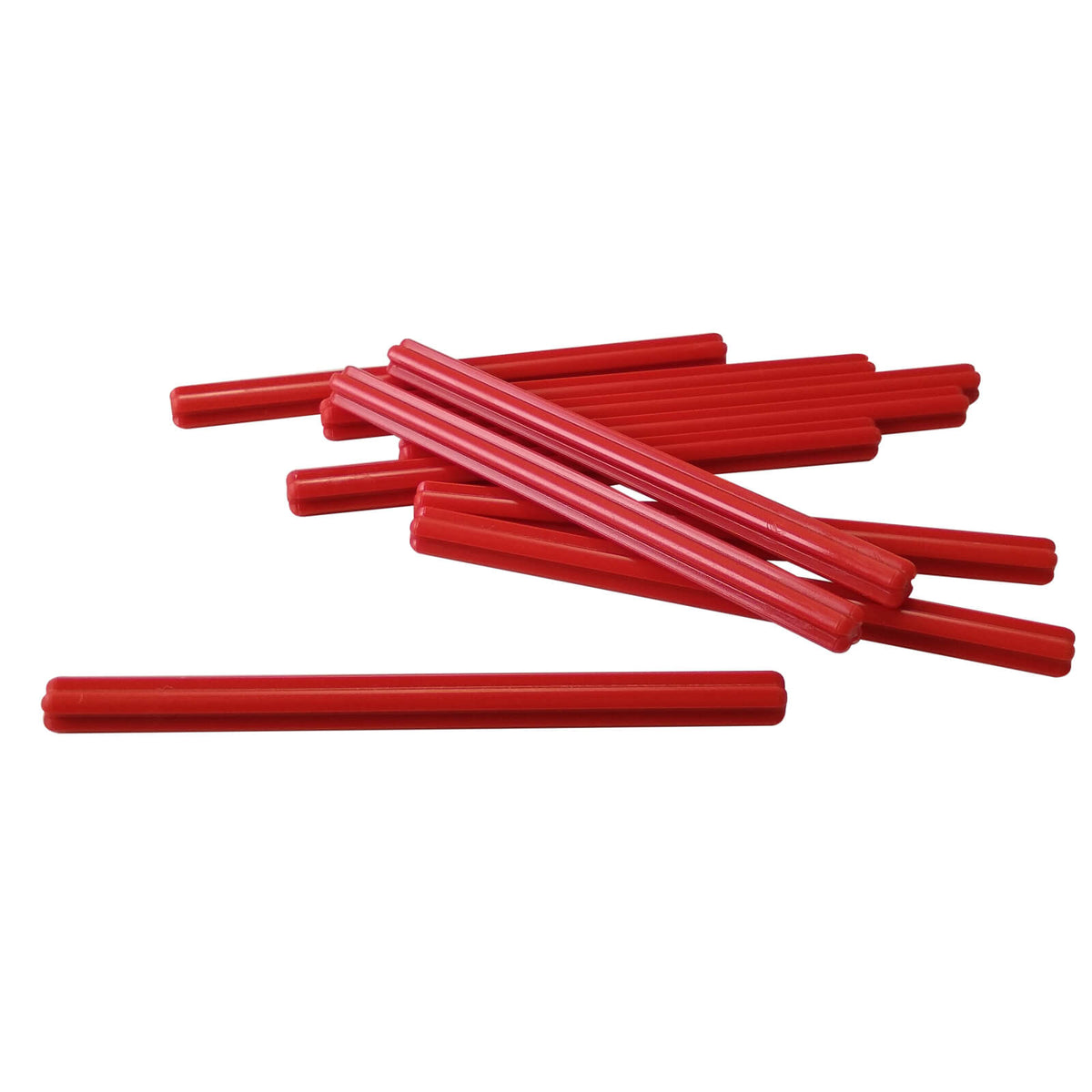 Red LEGO Technic Axle 8L pieces, part 3707, showing the straight cross-shaped design