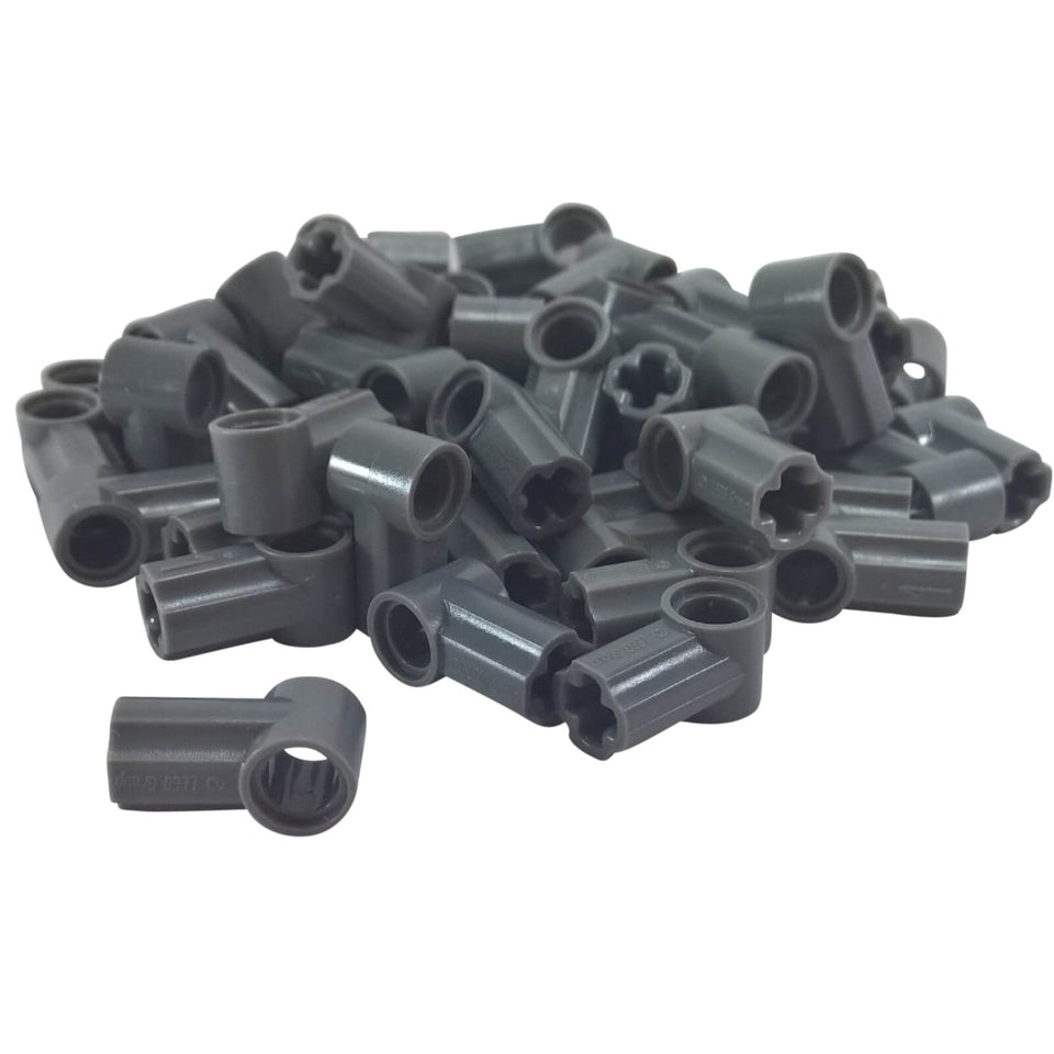 LEGO® Conector de Eje y Pin Technic Angulado #1 en gris oscuro, utilizado para conexiones Technic anguladas y construcciones estructurales
