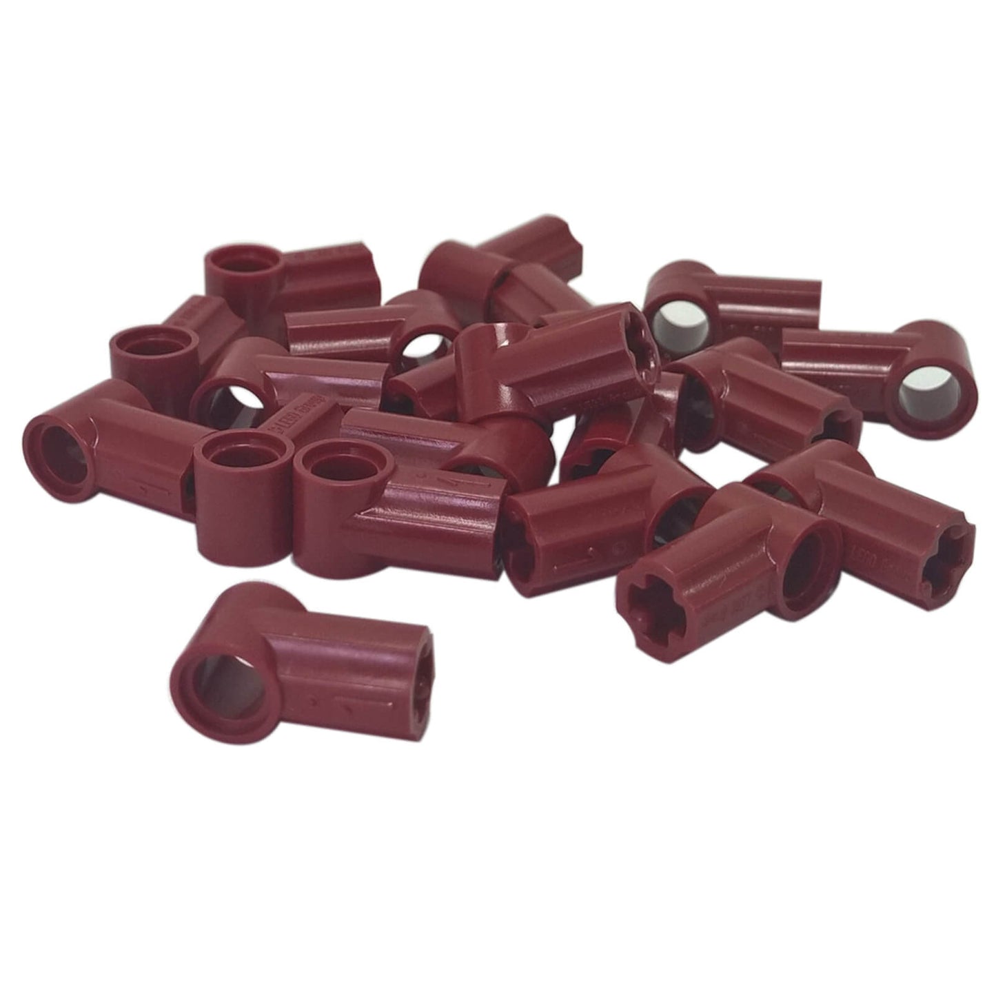 LEGO® Technic Axle and Pin Connector Angled #1 in dark red, used for angled Technic connections and structural builds
