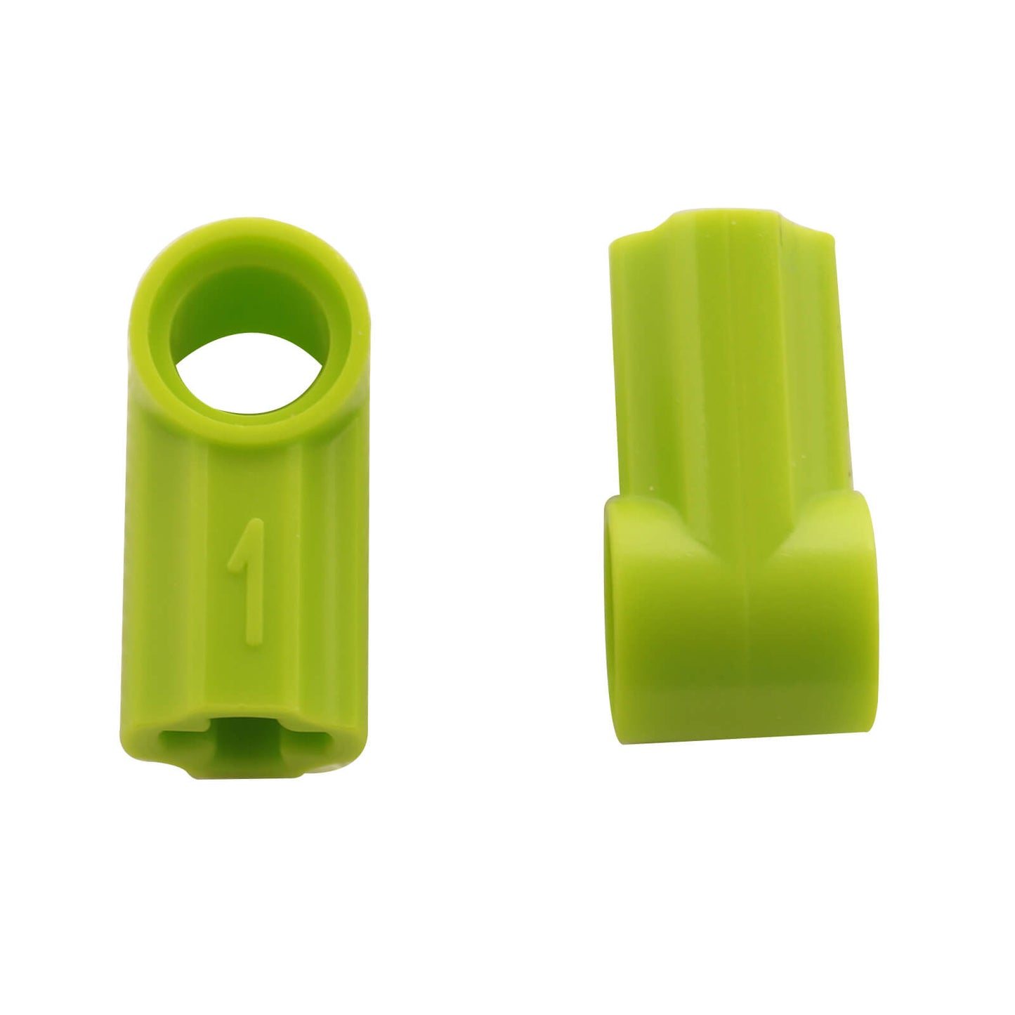 LEGO® Technic Axle and Pin Connector Angled #1 in lime, used for angled Technic connections and structural builds
