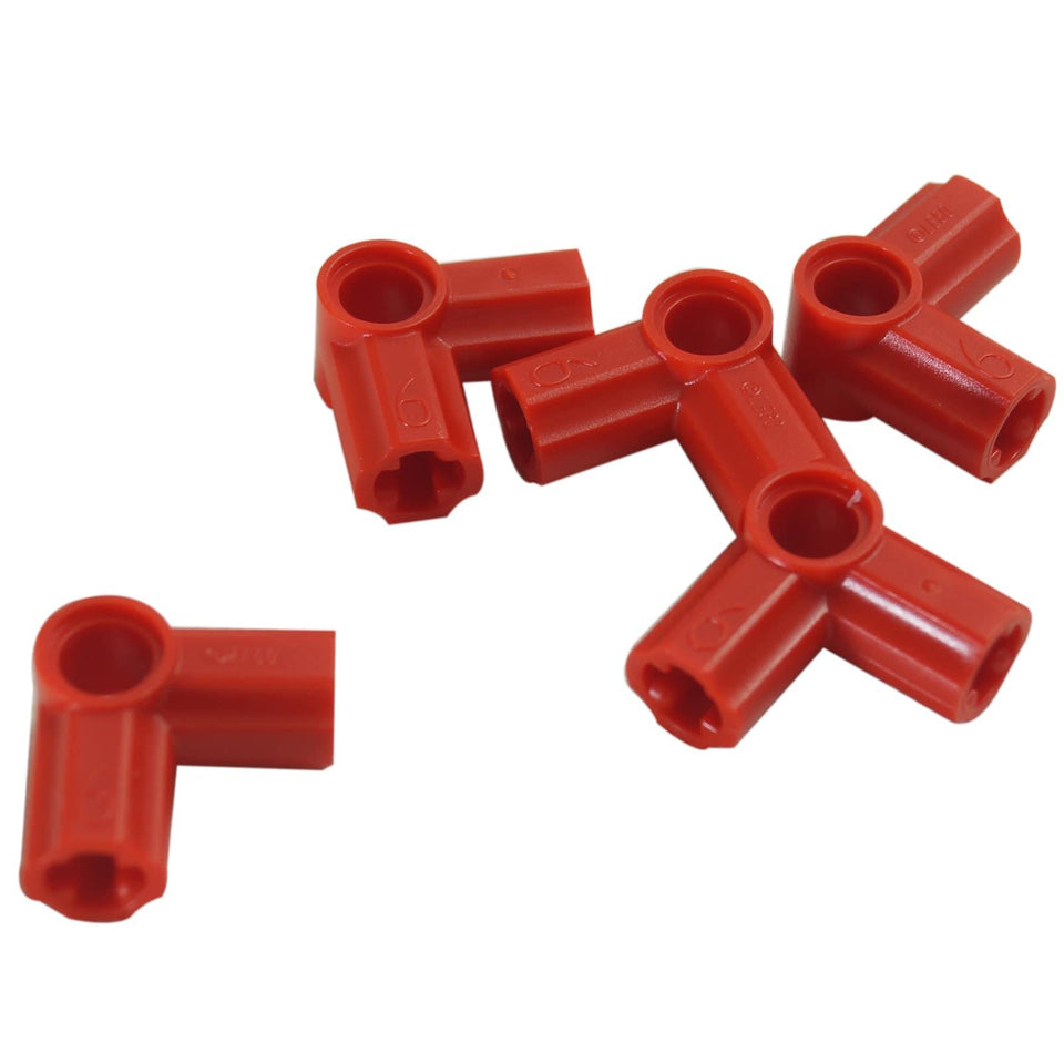 LEGO® Technic axle and pin connector angled #6 with 90 degree bend, used for rigid right-angle connections, red color
