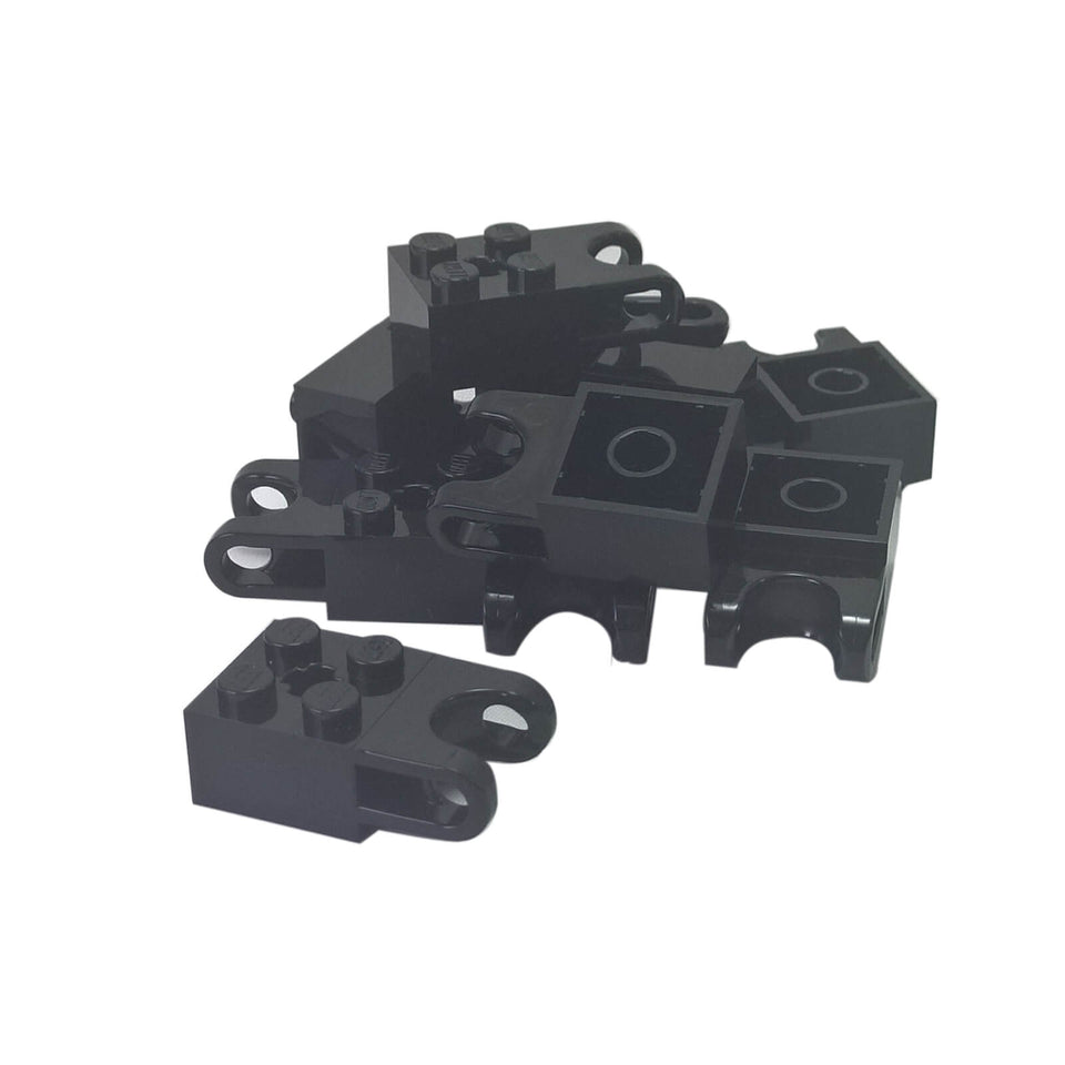 10 black LEGO Technic modified 2 x 2 bricks 92013 with ball socket, axle hole and straight fork ends