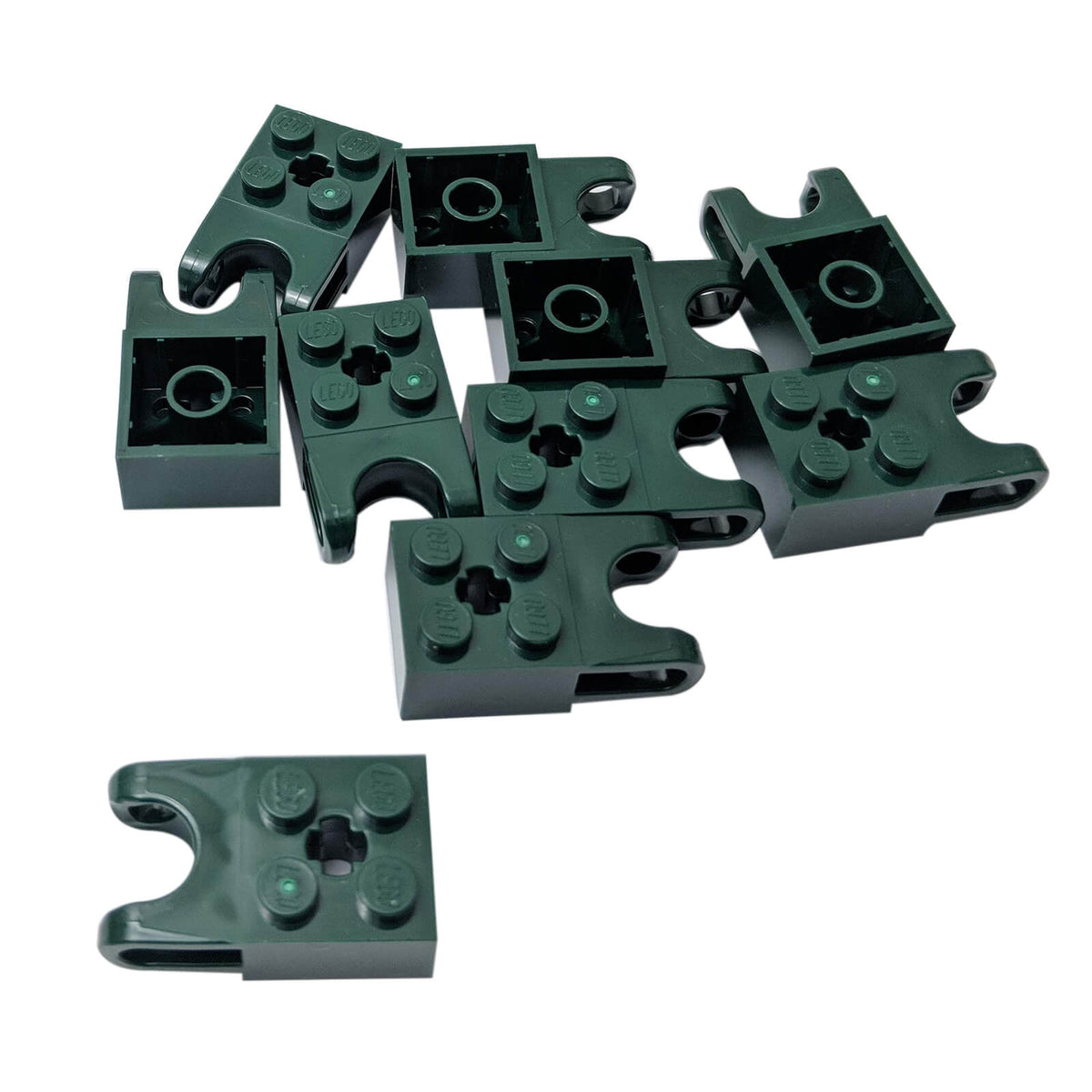10 dark green LEGO Technic 2 x 2 bricks 92013 with ball socket, axle hole and rounded fork ends