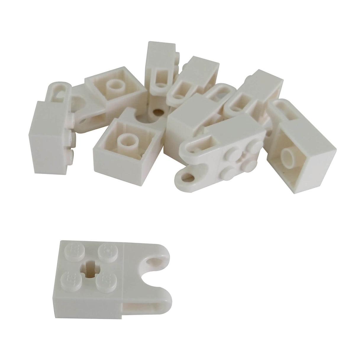 10 white LEGO Technic brick modified 2 x 2 pieces 92013 with ball socket, axle hole and straight forks