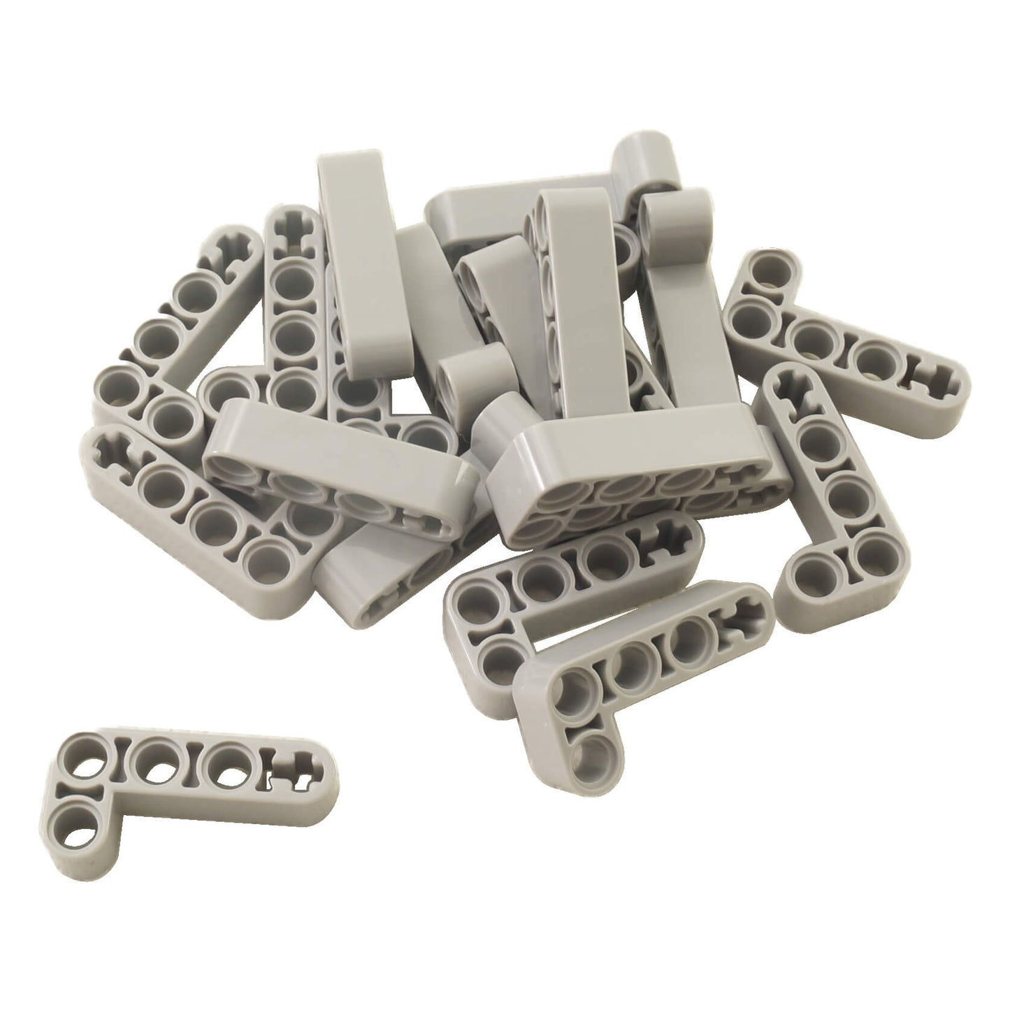 A lot of 10 LEGO Technic Bent Thin L-Shape 3x3 Liftarms (Part 32526) in light bluish gray, showcasing their distinctive 90-degree angle for structural connections.