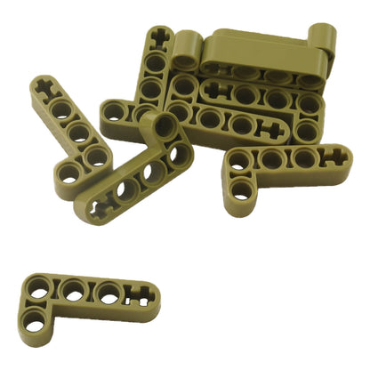 A lot of 10 LEGO Technic Bent Thin L-Shape 3x3 Liftarms (Part 32526) in olive green, showcasing their distinctive 90-degree angle for structural connections.