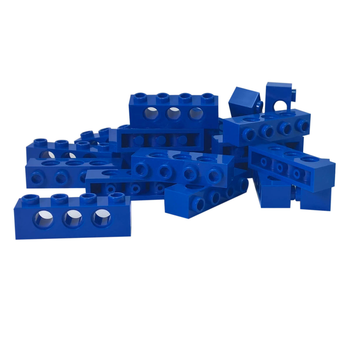 Pile of 20 Blue LEGO Technic 1x4 bricks 3701 showing hollow studs and side pin holes
