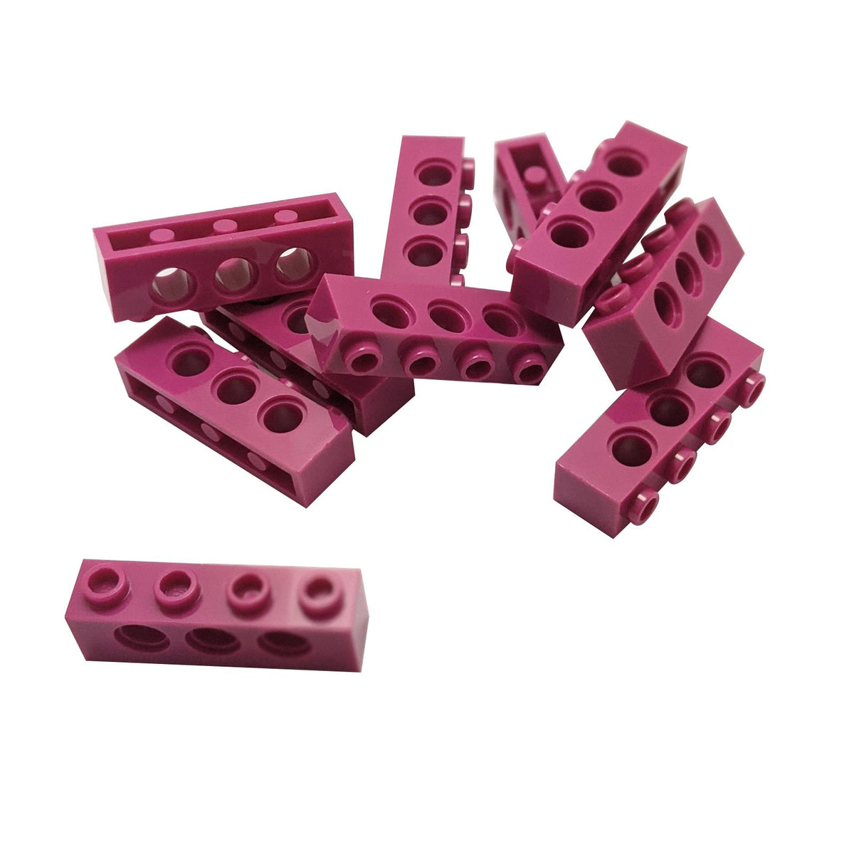 Lot of 10 Magenta LEGO Technic 1x4 bricks 3701 with three pin holes along each brick