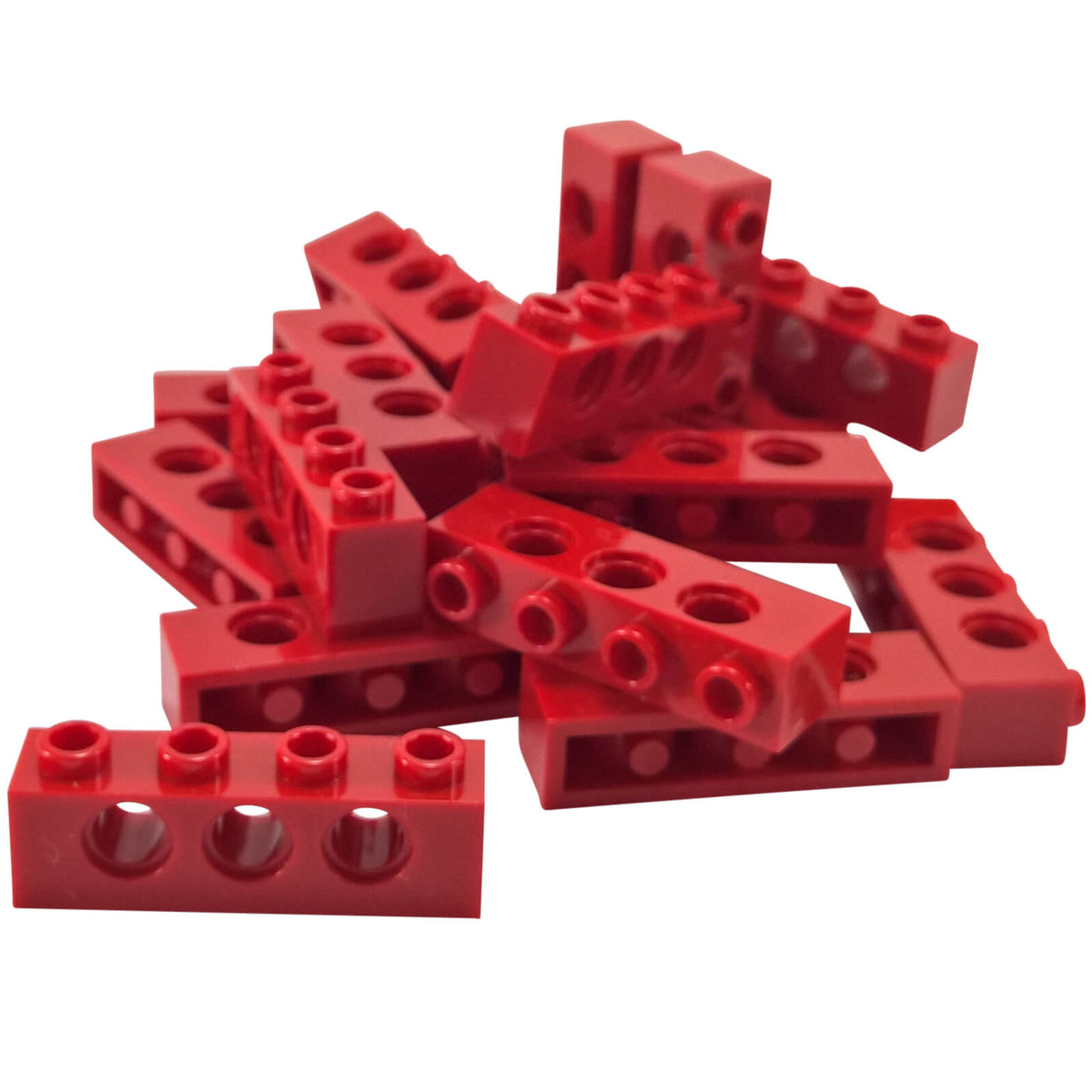 Pile of 20 Red LEGO Technic 1x4 bricks part 3701 with three round holes along the side