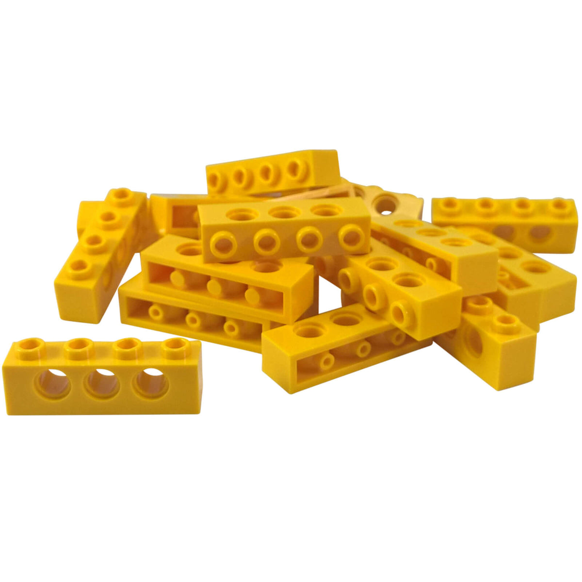20 Yellow LEGO Technic 1x4 bricks 3701 showing three pin holes and four hollow studs