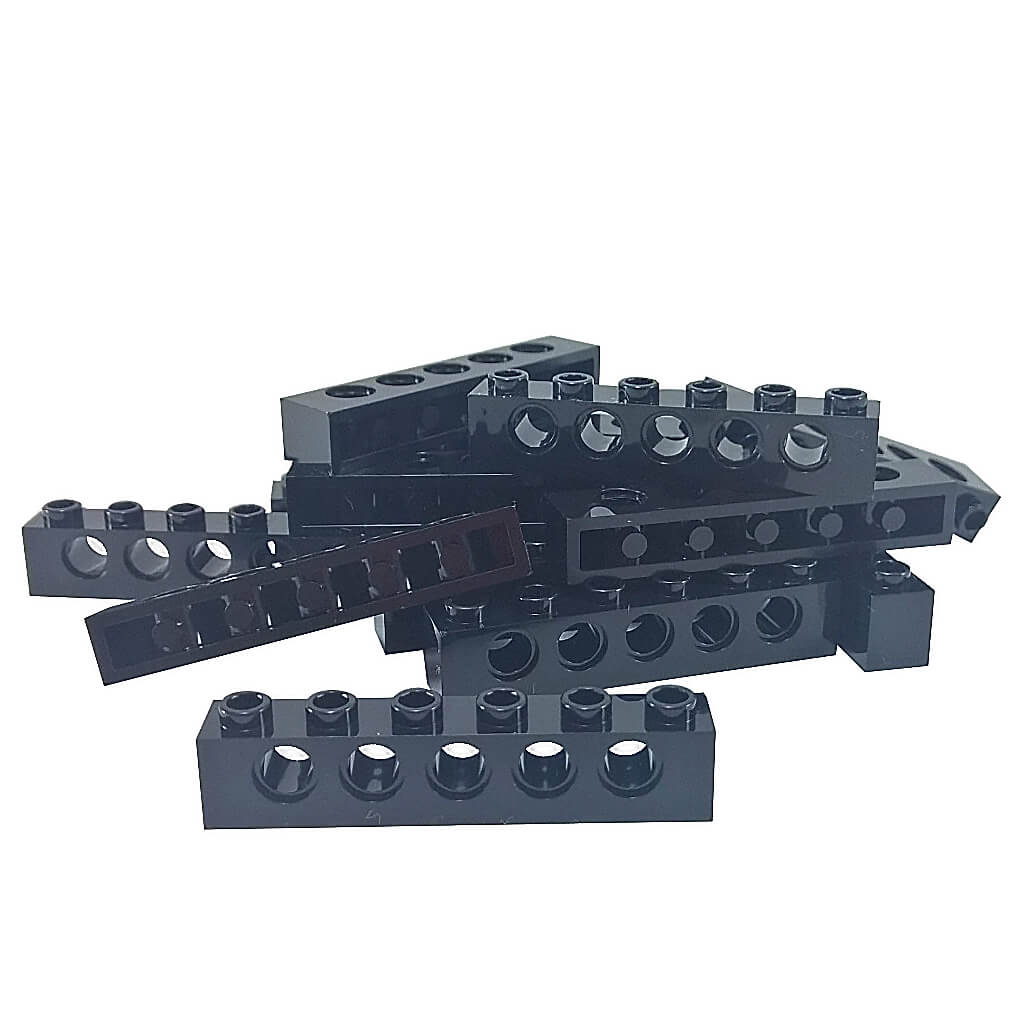 Lot of 15 black LEGO Technic 1x6 bricks 3894 with five pin holes for building connections