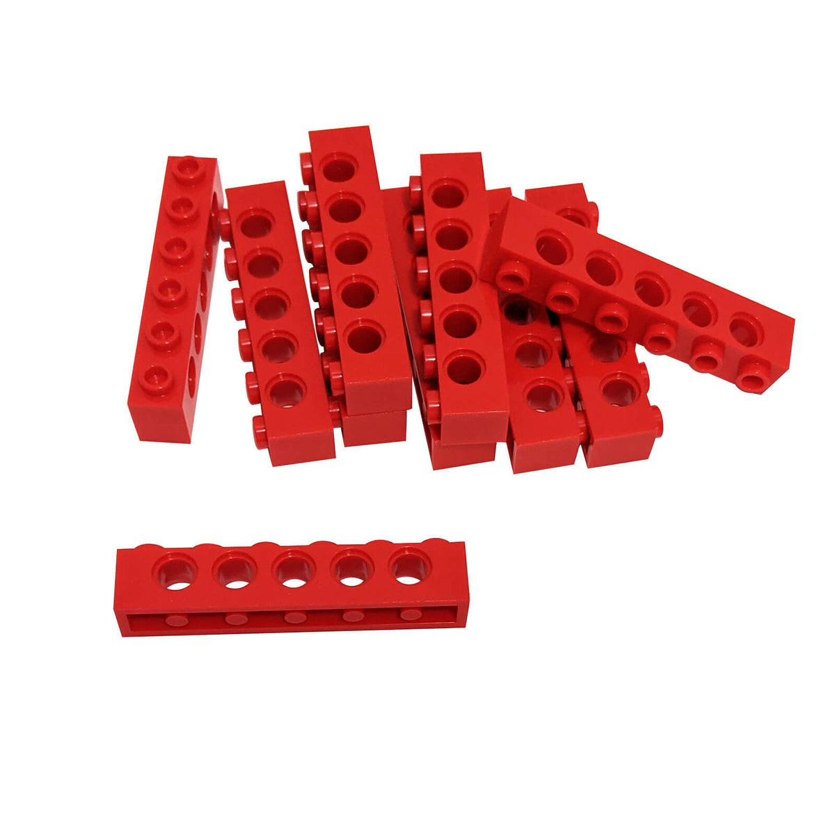 10 red LEGO Technic bricks 1x6 with five holes, part 3894, arranged on a white background