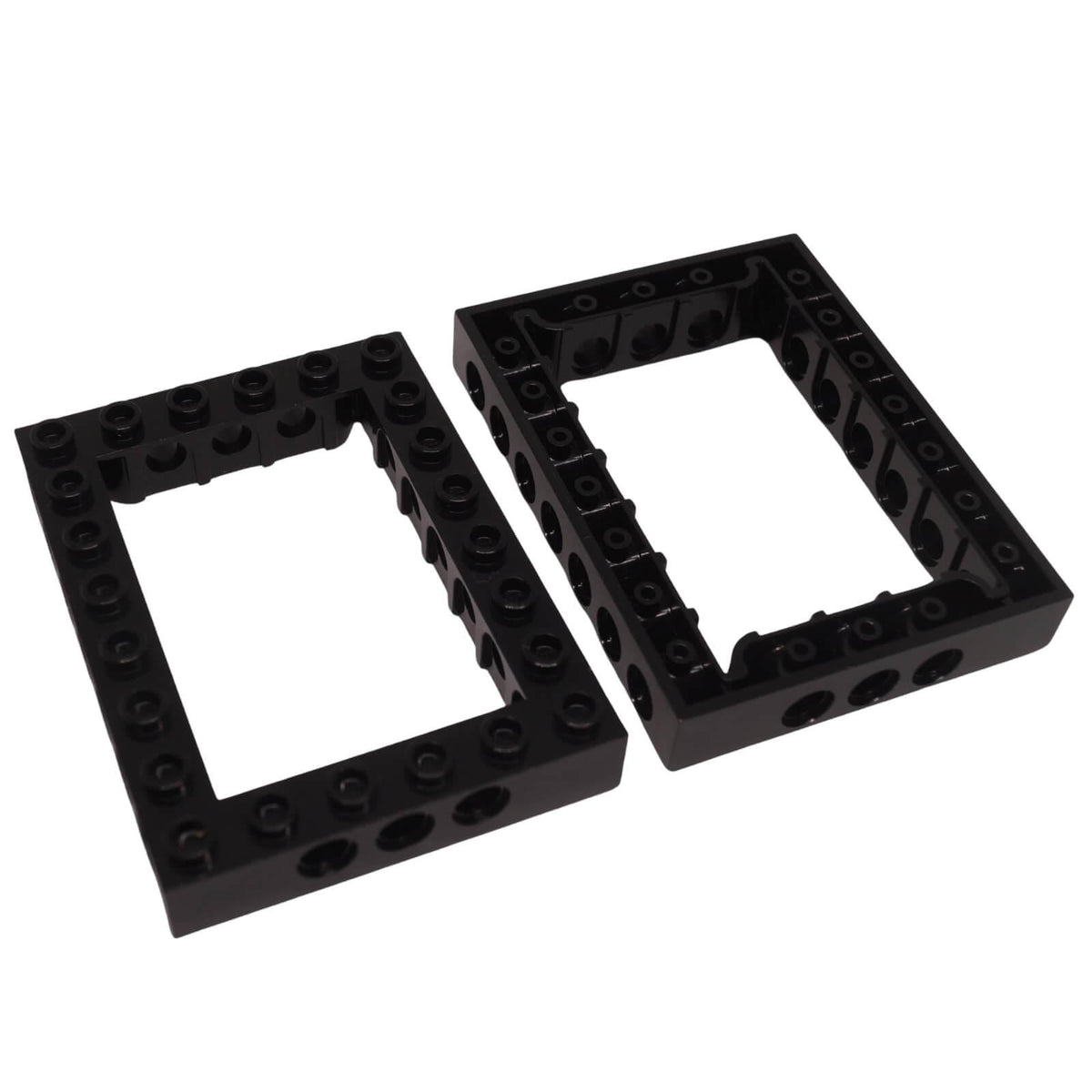 Two black LEGO Technic 6 x 8 open center bricks, part 32532, showing rectangular frames, studs and side holes