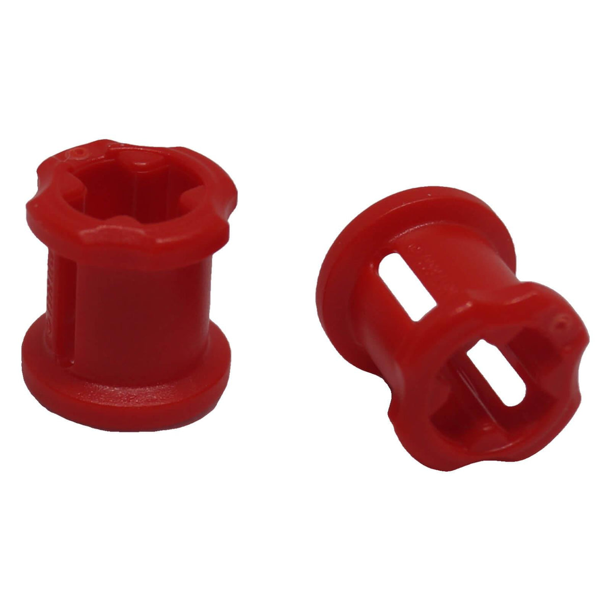 LEGO® Technic Bush 3713 shown from top and side views with axle opening in red