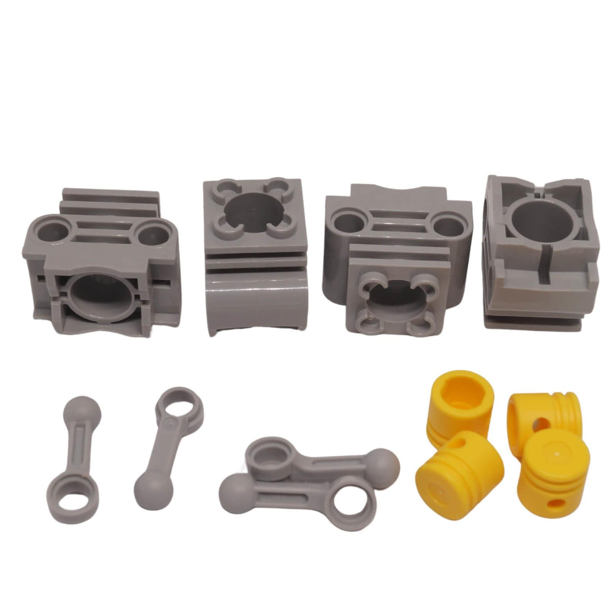 LEGO Technic engine parts set with 4 grey cylinders, 4 grey connecting rods and 4 yellow pistons