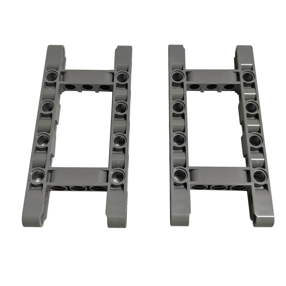 2 light bluish gray LEGO Technic Modified Frame Thick 5 x 11 Open Center (Part 64178), showing its sturdy rectangular frame, open middle, and multiple pin holes.