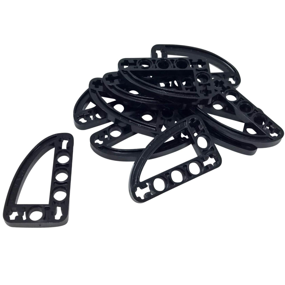 Pile of black LEGO Technic 3x5 L-Shape Liftarms (32250) showing multiple connection holes.