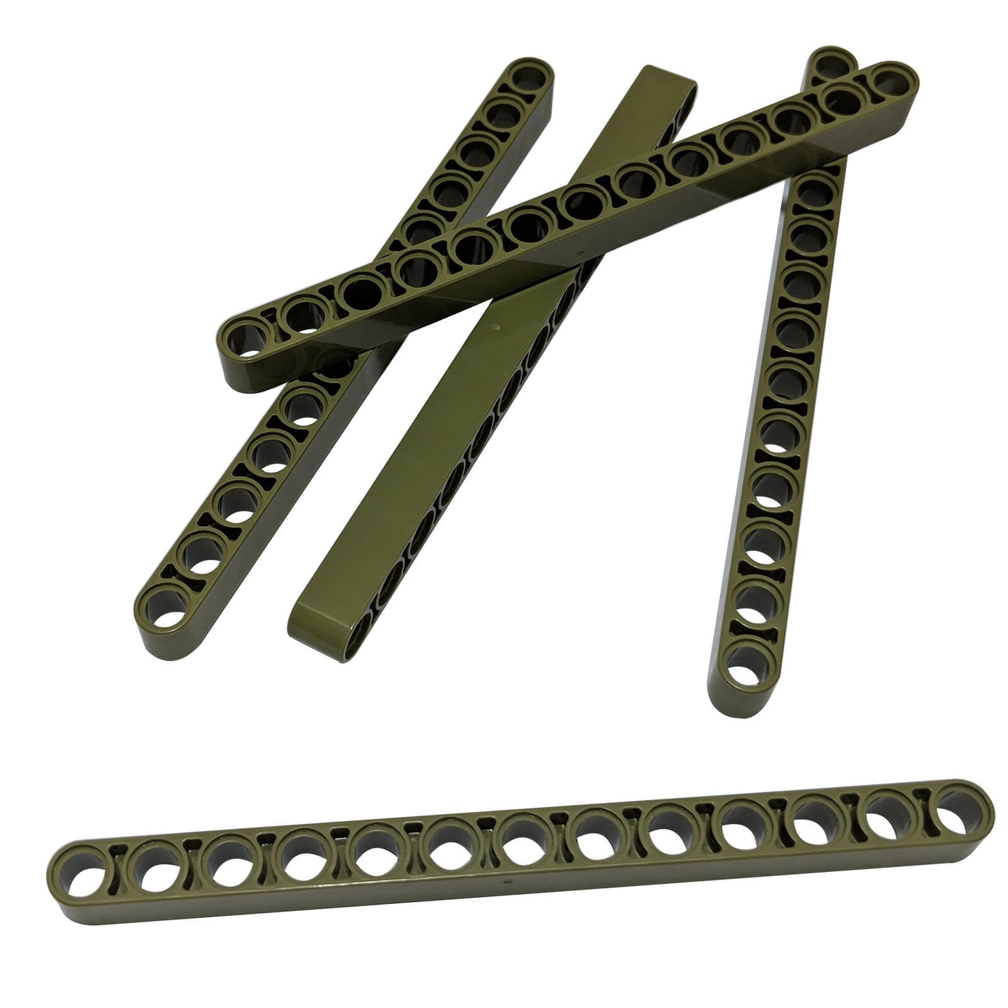 LEGO® Technic Liftarm 1x13 thick in olive green, arranged in a group on white background