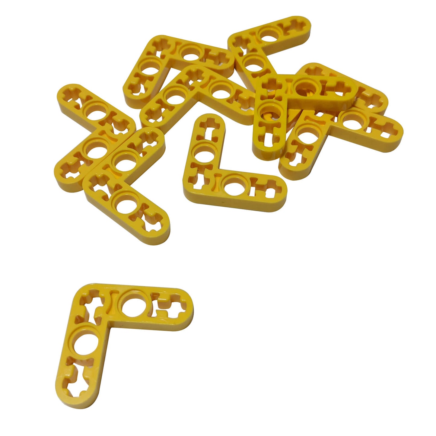 LEGO® Technic Liftarm Modified Bent Thin L-Shape 3 x 3 (Part 32526) in yellow, used for compact angled Technic structures and frame connections
