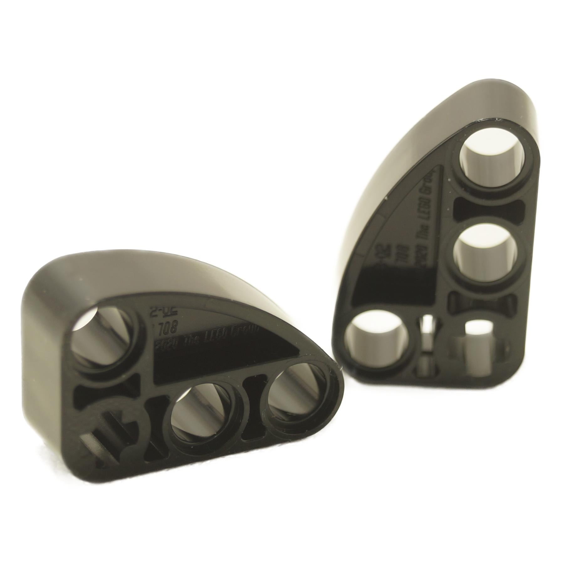Two black LEGO Technic Liftarm Quarter Ellipse L-Shape Thick 2 x 3 (Part 71708), showcasing its distinct curved L-shape and robust, thick profile for advanced structural connections.