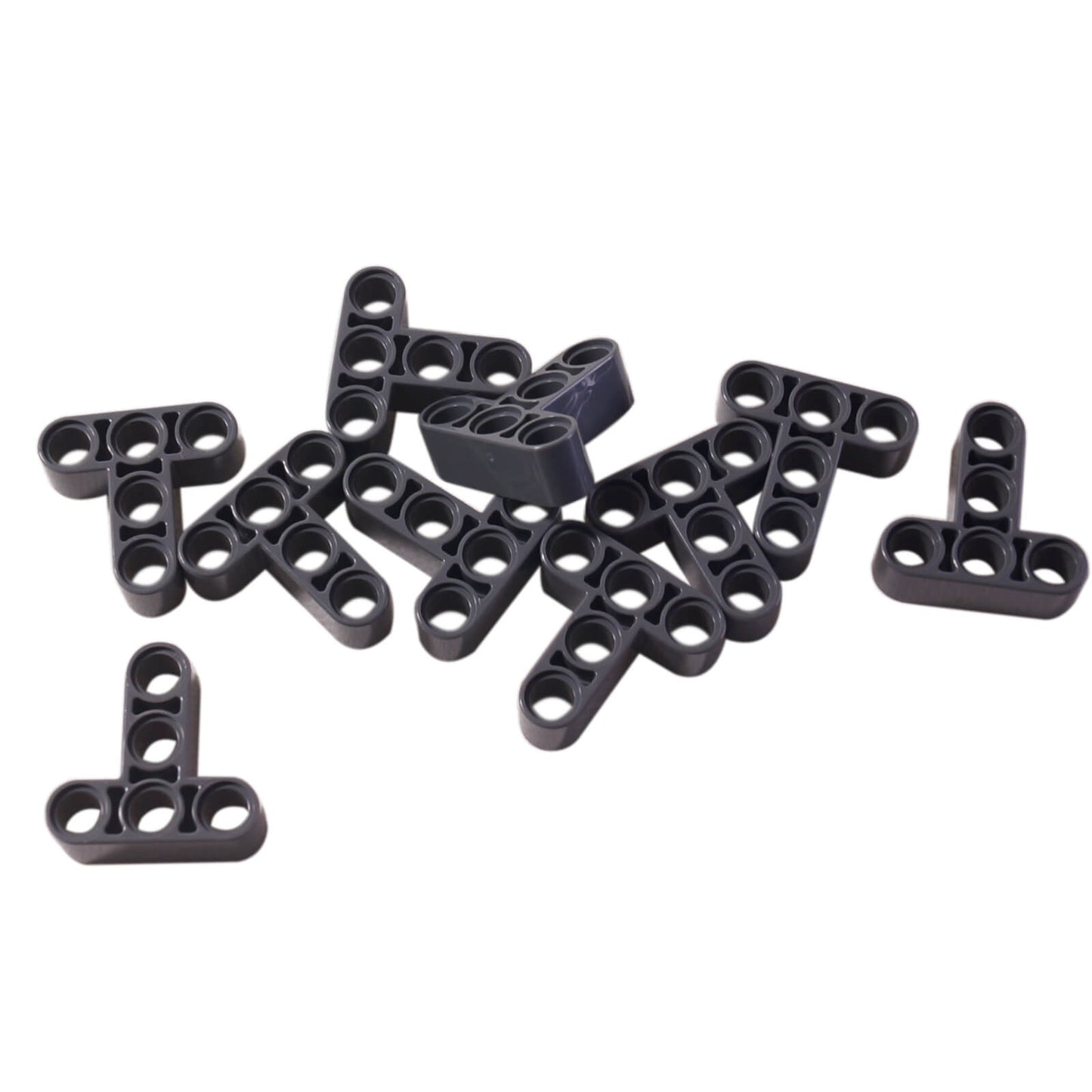 LEGO® Technic Liftarm 3x3 en forma de T (60484) en gris azulado oscuro, pila de vigas Technic dispuestas en una formación en T.
