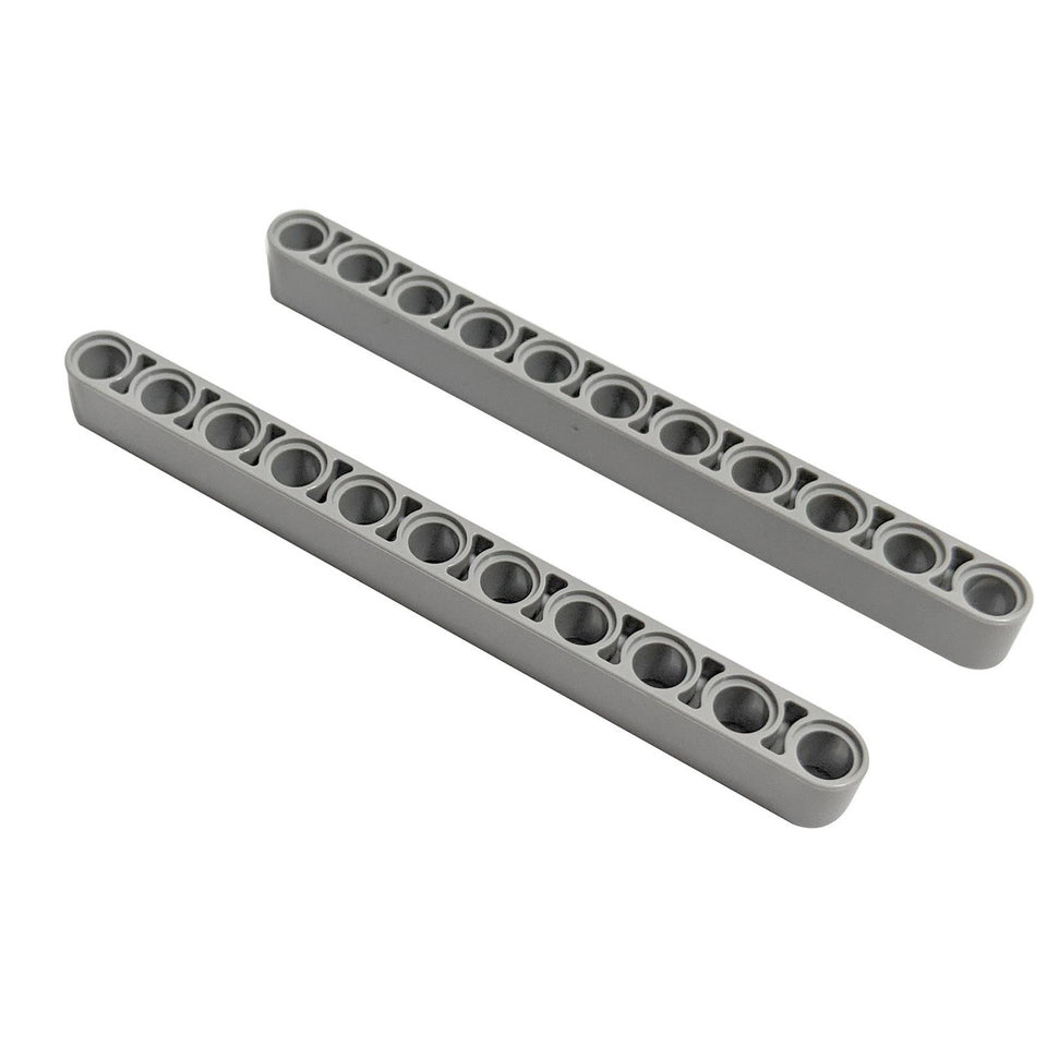Two light bluish gray LEGO Technic Liftarm Thick 1 x 11 pieces (Part 32525), laid parallel, showing their eleven pin-holes and sturdy, thick profile.