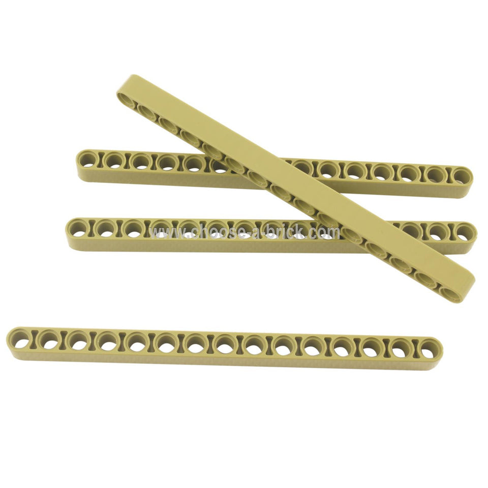 Four olive green LEGO Technic Liftarm Thick 1 x 15 pieces (Part 32278), arranged in a fan shape, showcasing their long length, thick profile, and fifteen pin-holes for robust structural connections.