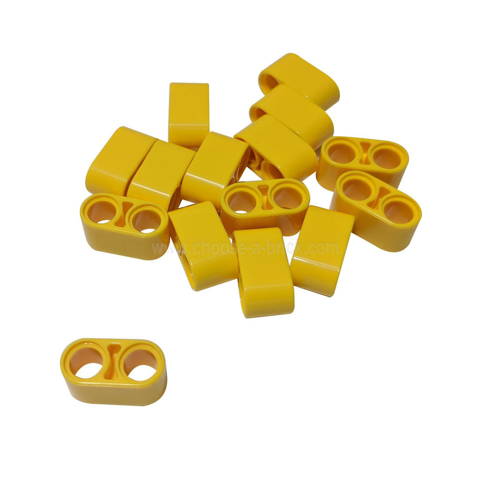 10 yellow LEGO Technic Liftarm Thick 1 x 2 (Part 43857), showing its two pin-holes and robust, thick profile for sturdy connections.