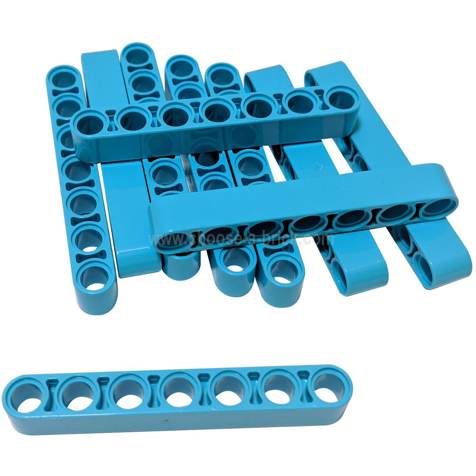 lot of 10 dark azureyLEGO Technic Liftarm Thick 1 x 7 (Part 32524), showing its seven pin-holes and robust, thick profile for structural support.