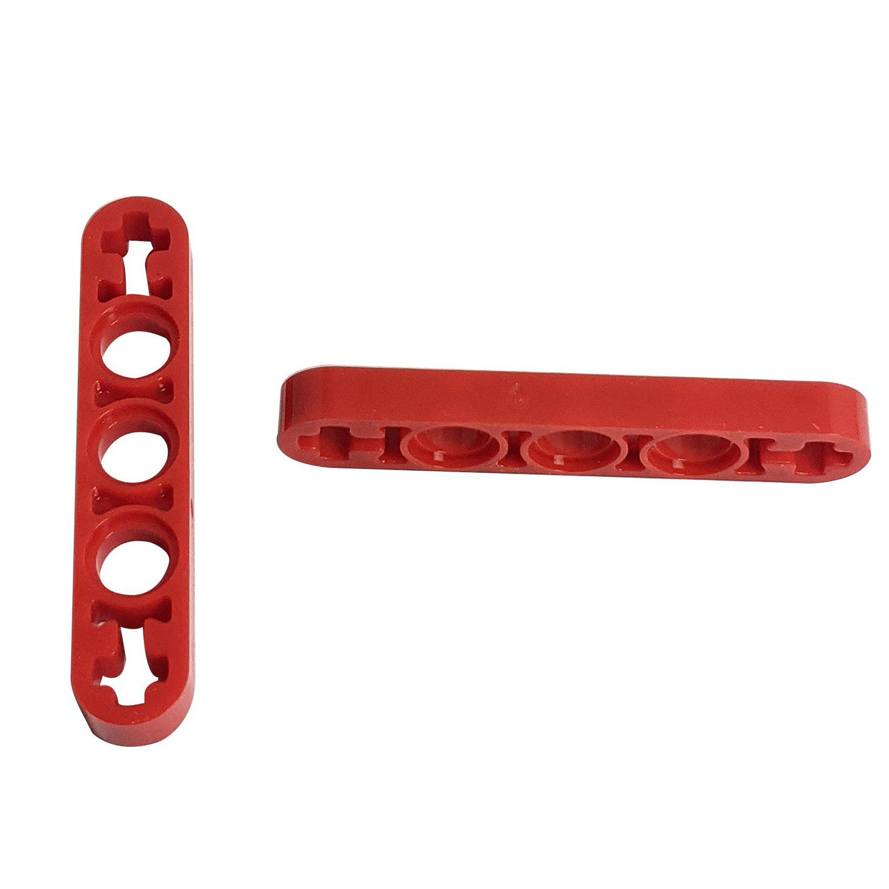 Two red LEGO Technic Liftarm Thin 1 x 5 pieces (Part 11478), one standing vertically and one horizontally, showcasing their thin profile, five pin-holes, and circular axle holes at both ends.