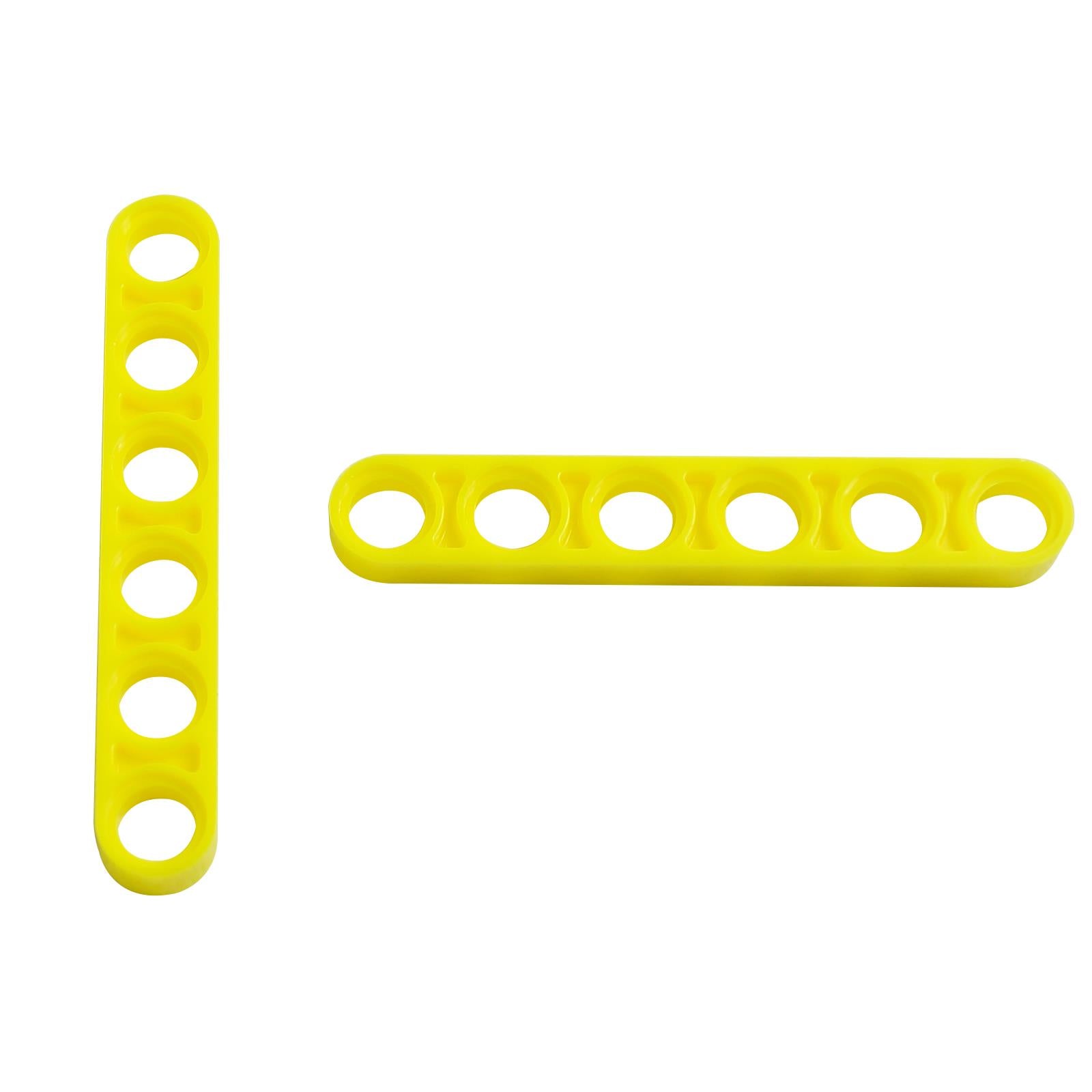 2 Neon Yellow LEGO Technic Thin Liftarms 1x6 (Part 32063), showing its six pin-holes and slender profile, designed for structural support in Technic builds.