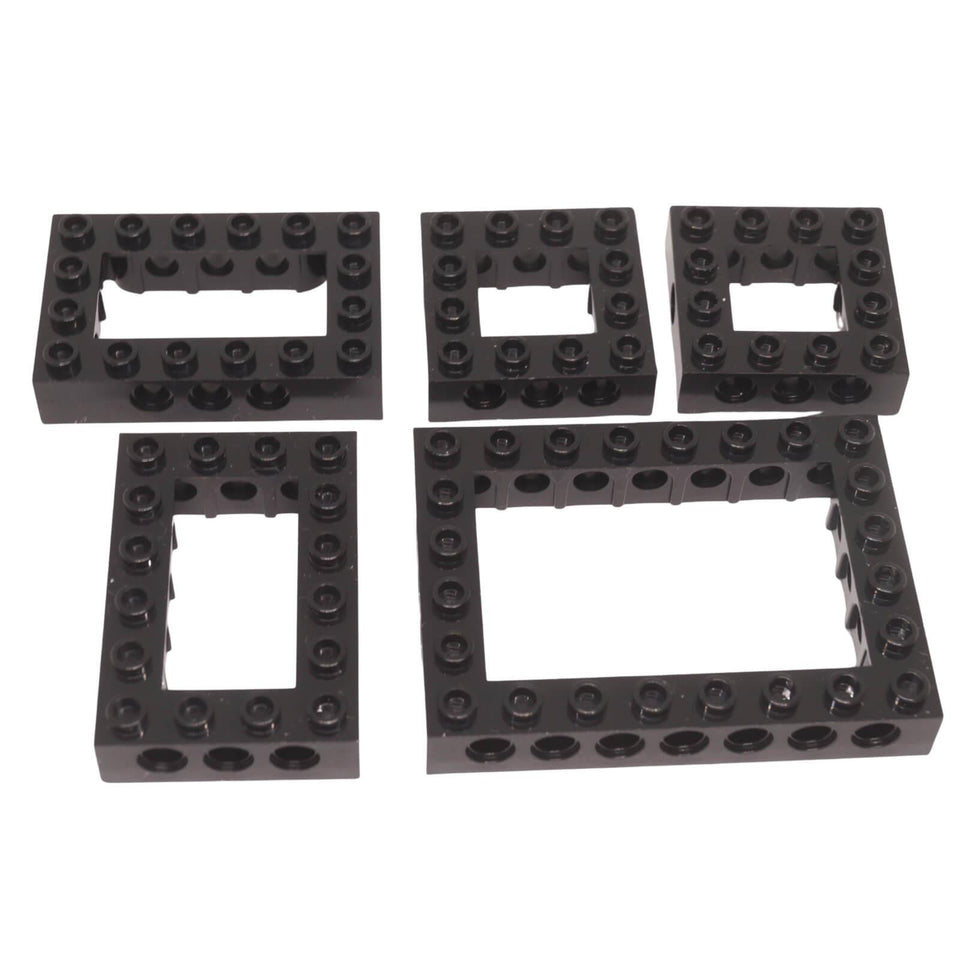 5 black LEGO® Technic open centre bricks — 2x 32531 (4x6), 2x 32324 (4x4), 1x 32532 (6x8) with Technic pin holes