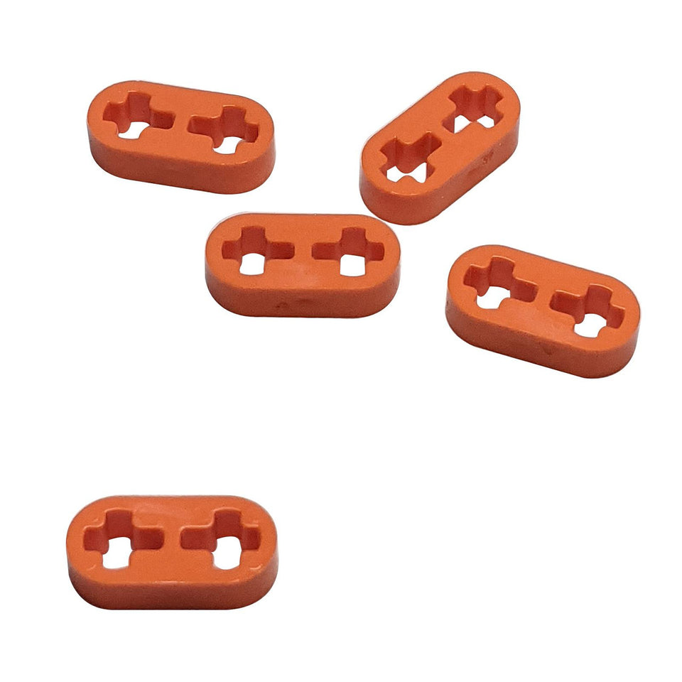 5 orange LEGO Technic Thin Liftarm 1 x 2 with Axle Holes (Part 41677), showing its thin profile, two pin holes, and two circular axle holes for compact and versatile connections.