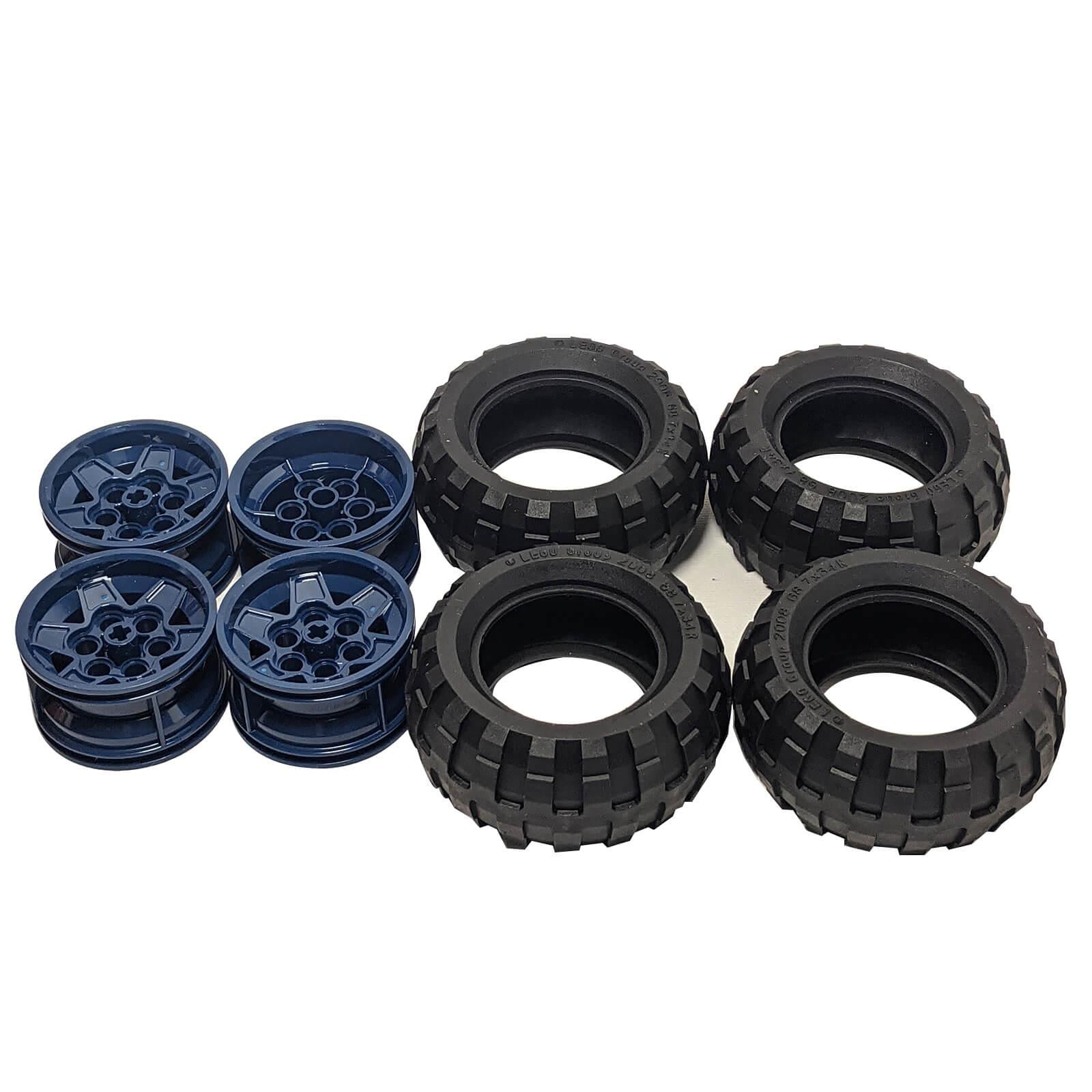 4 LEGO® Technic dark blue five-spoke wheels 56908 with black off-road tires 61480, deep block tread pattern