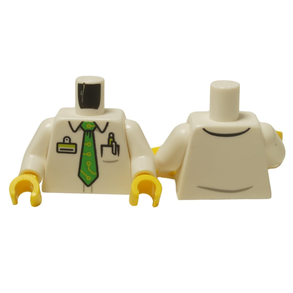 LEGO® Technician Torso (973pb5305c01), showing the white shirt with a green circuit board tie, ID badge, and pens in the pocket.
