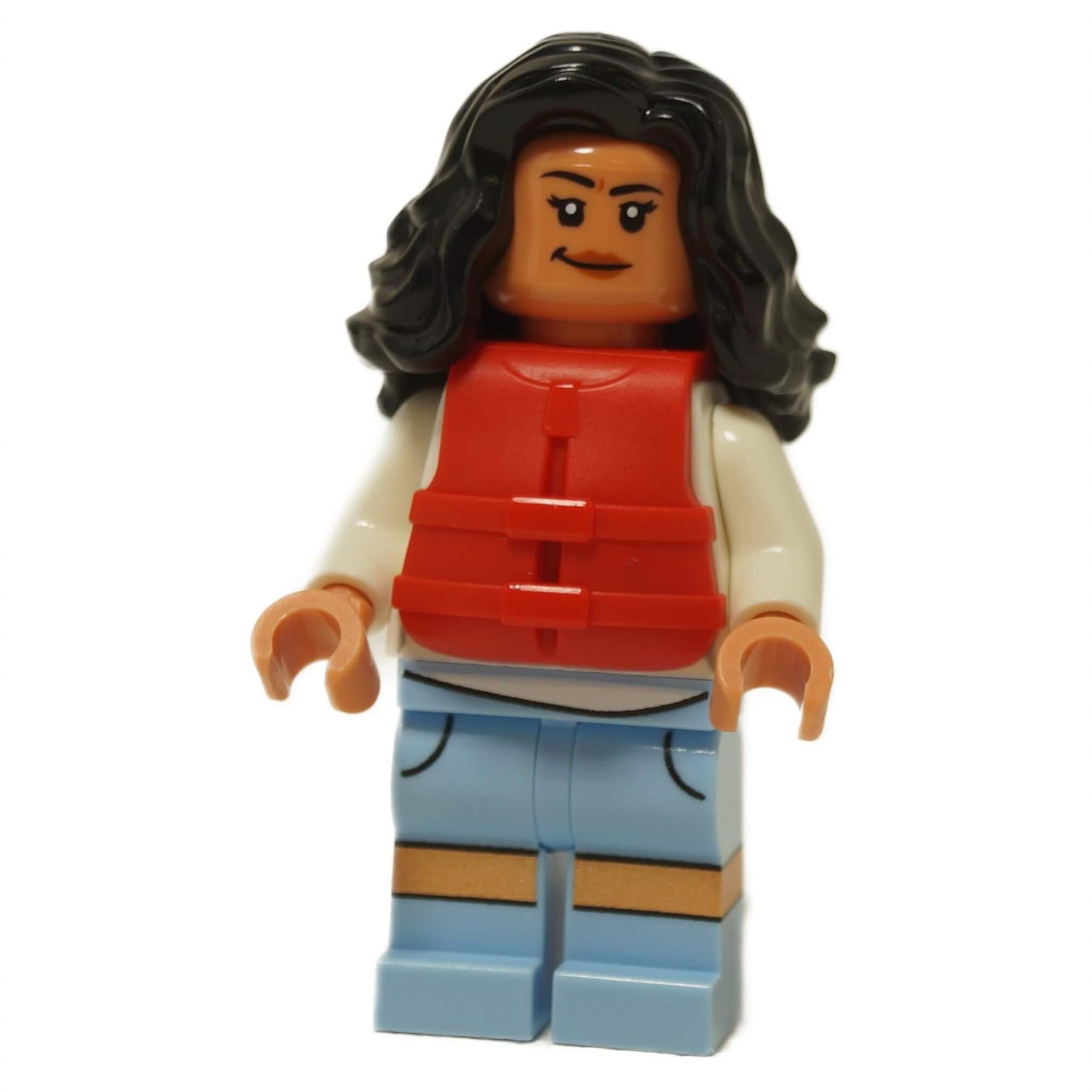 LEGO Minifigure of Teresa Delgado (jw132) from Jurassic World wearing a red life vest over a white shirt and light blue pants.