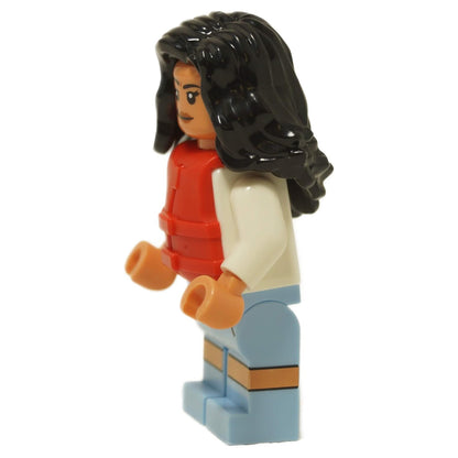 Side profile of the LEGO Teresa Delgado minifigure, highlighting the molded red life vest accessory and black wavy hair.