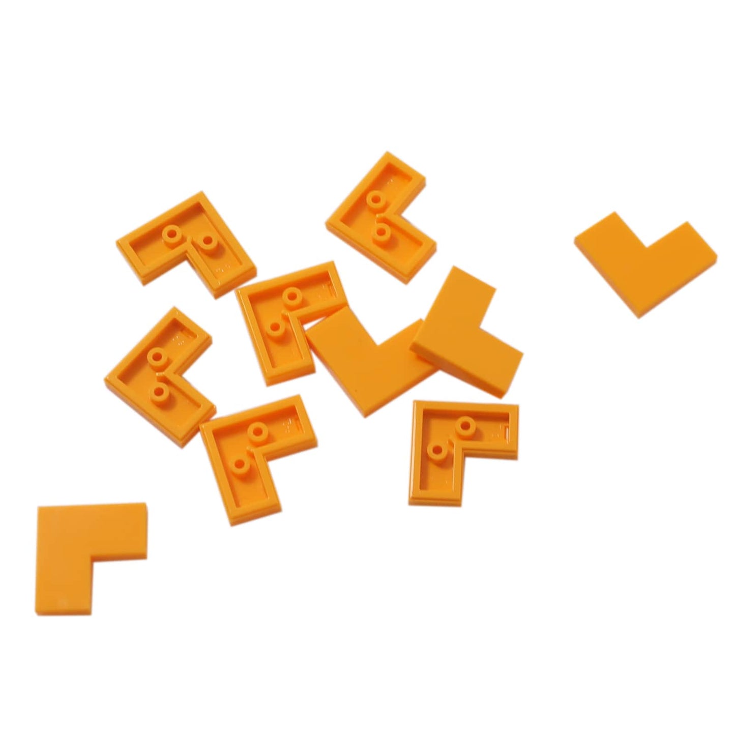 LEGO® tile 2 x 2 corner piece with smooth surface, used for angled floors and clean edges, bright light orange color
