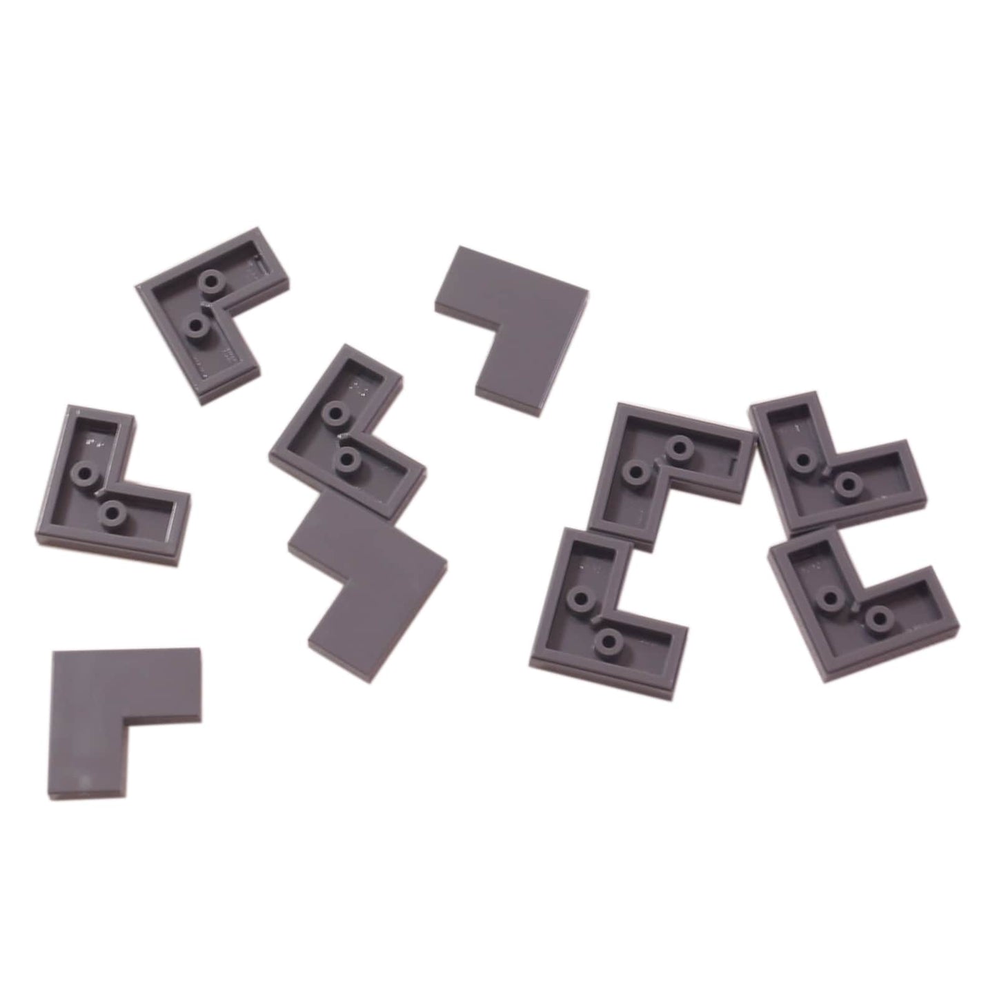 LEGO® tile 2 x 2 corner piece with smooth surface, used for angled floors and clean edges, dark bluish gray color
