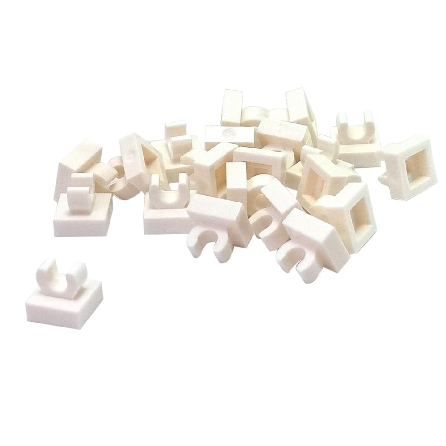 LEGO® Tile Modified 1 x 1 with open O clip (15712) in white, a small connector tile with a circular side clip.
