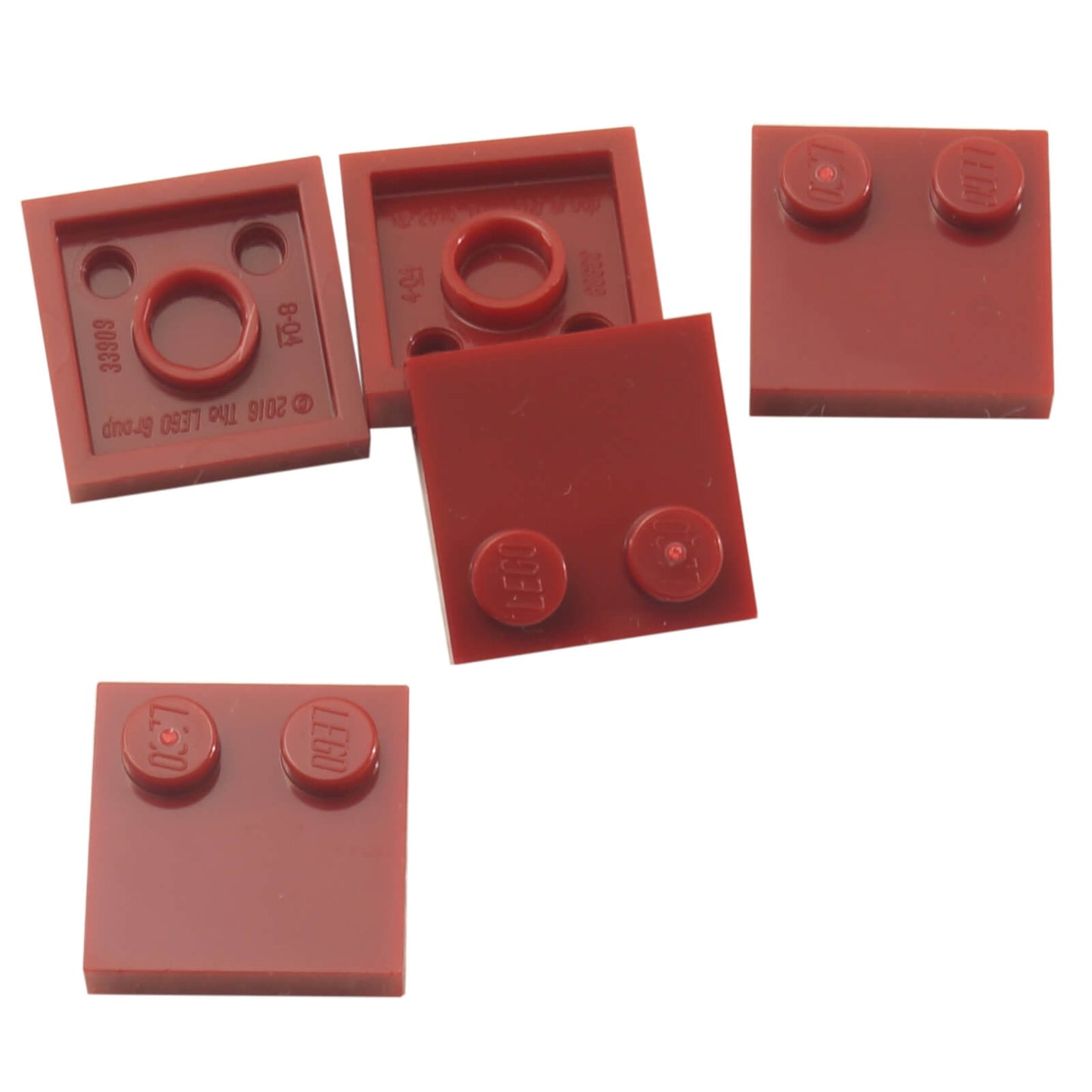 LEGO® Tile, Modified 2 x 2 with Studs on Edge (Part 33909) in dark red, used for SNOT techniques and detailed surface building
