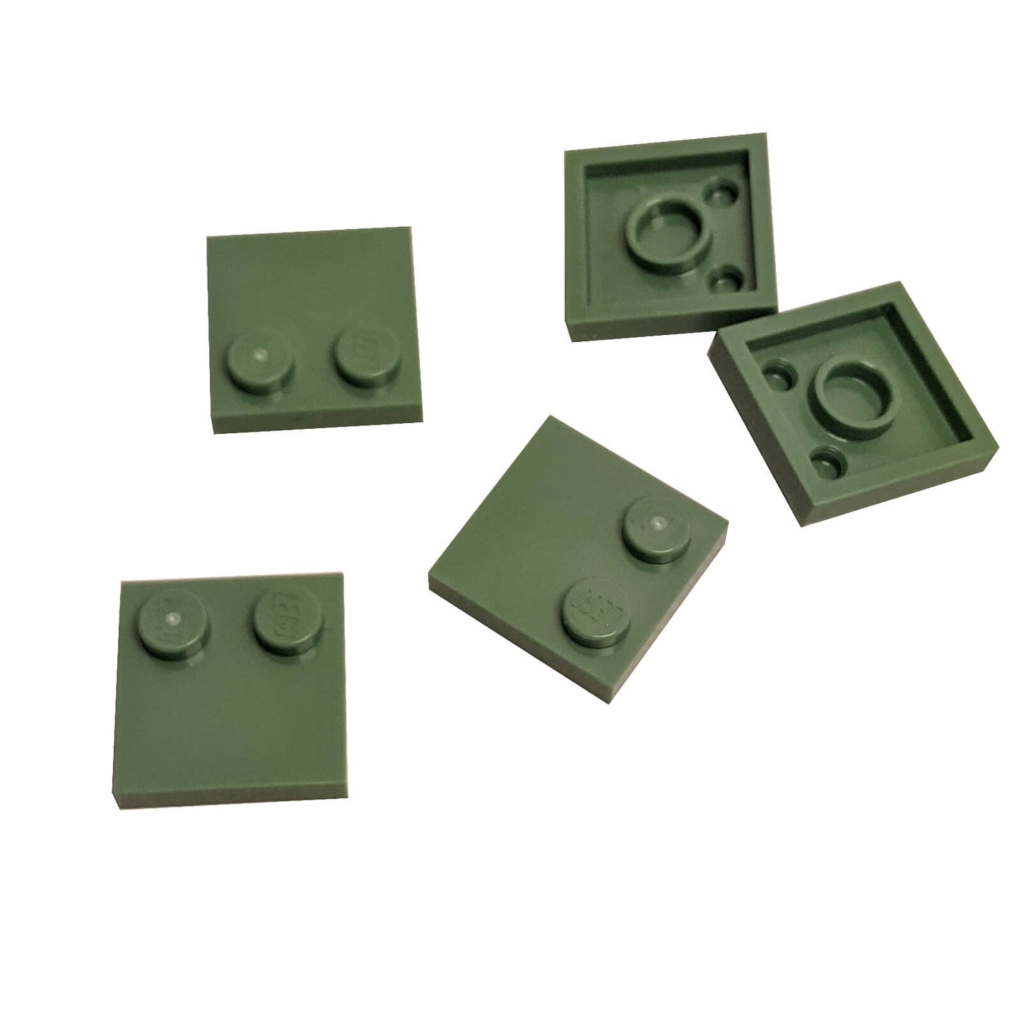LEGO® Tile, Modified 2 x 2 with Studs on Edge (Part 33909) in olive green, used for SNOT techniques and detailed surface building
