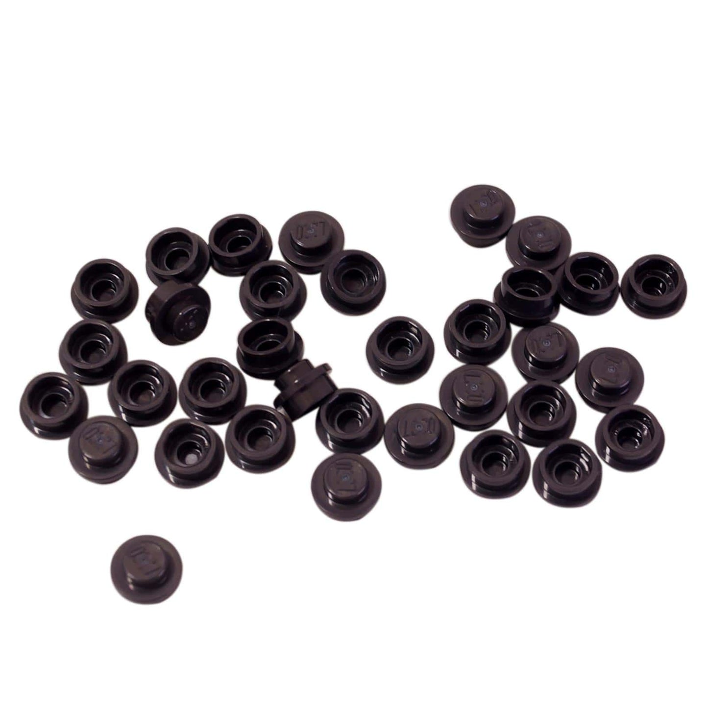 LEGO® round tile 1 x 1 with smooth studless surface, used for clean detailing and decorative finishes, trans-neon black color

