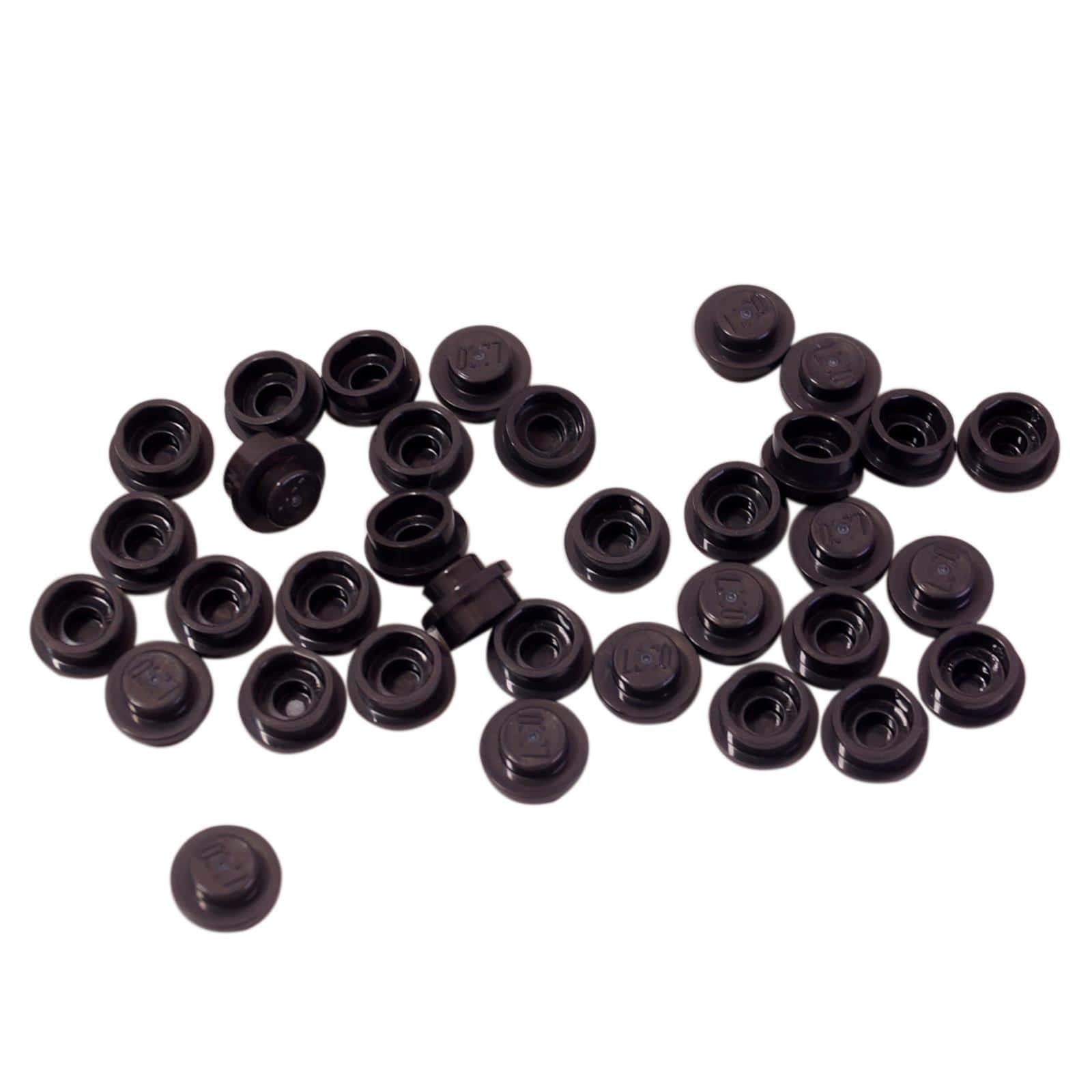 LEGO® round tile 1 x 1 with smooth studless surface, used for clean detailing and decorative finishes, trans-neon black color

