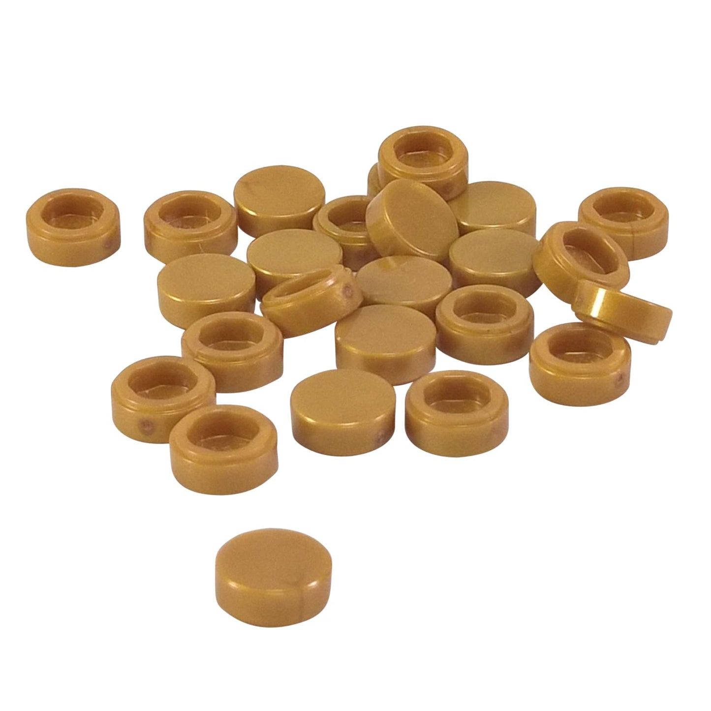 LEGO® round tile 1 x 1 with smooth studless surface, used for clean detailing and decorative finishes, pearl gold color
