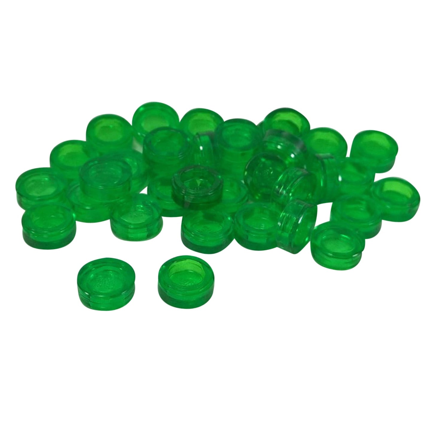 LEGO® round tile 1 x 1 with smooth studless surface, used for clean detailing and decorative finishes, trans-green color
