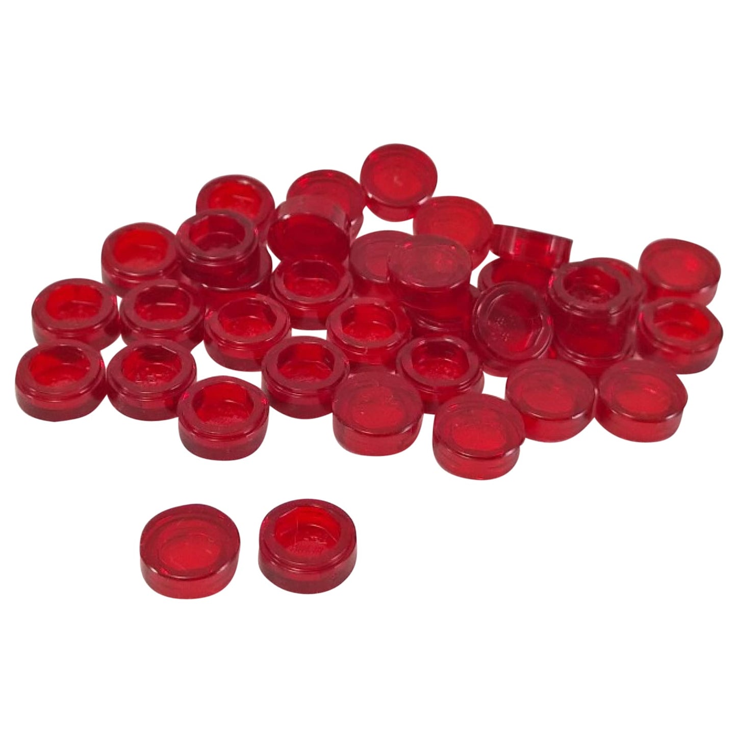 LEGO® round tile 1 x 1 with smooth studless surface, used for clean detailing and decorative finishes, trans-red color
