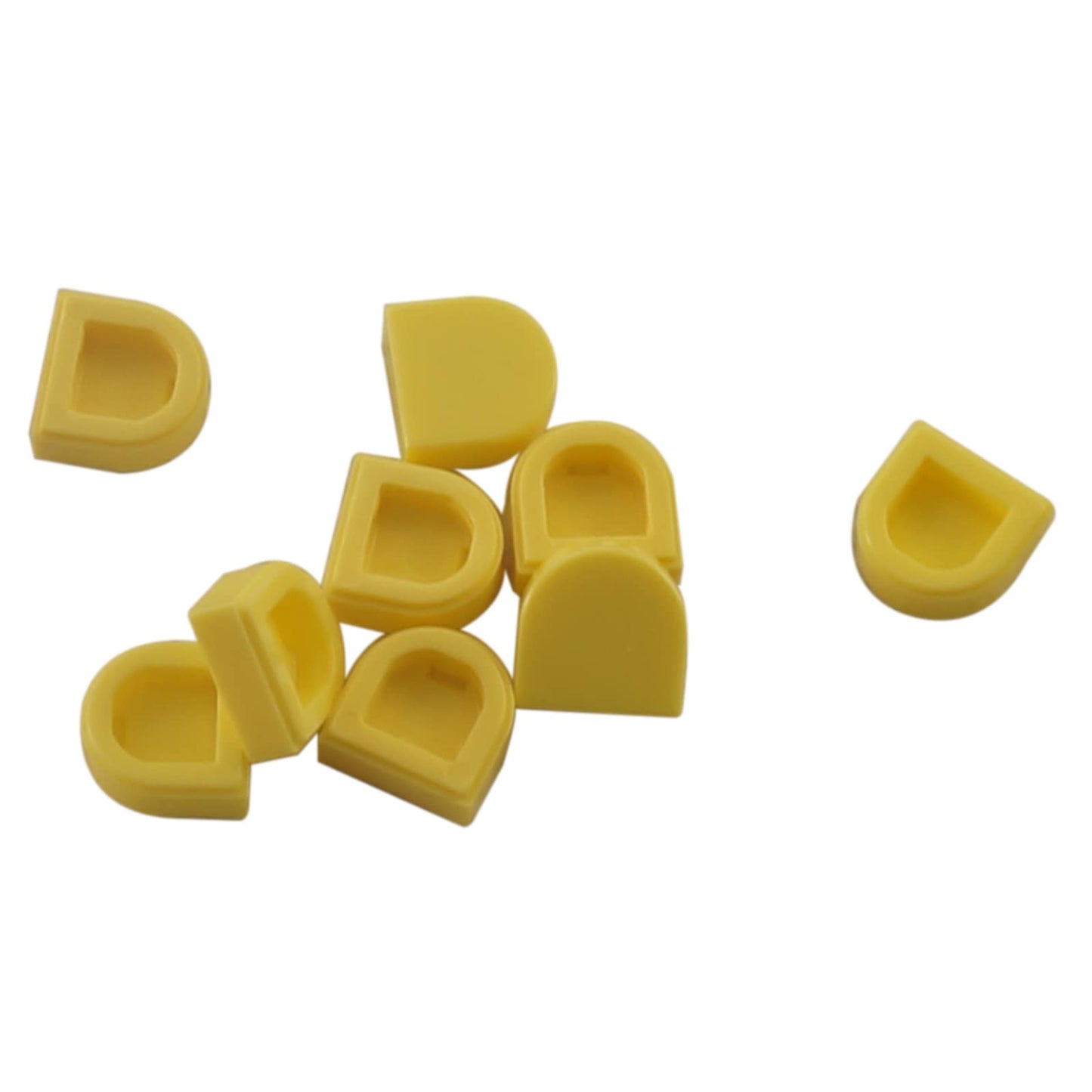 LEGO® Tile Round 1 x 1 Half Circle Extended (24246) in bright light yellow, featuring a smooth curved front and flat back edge.
