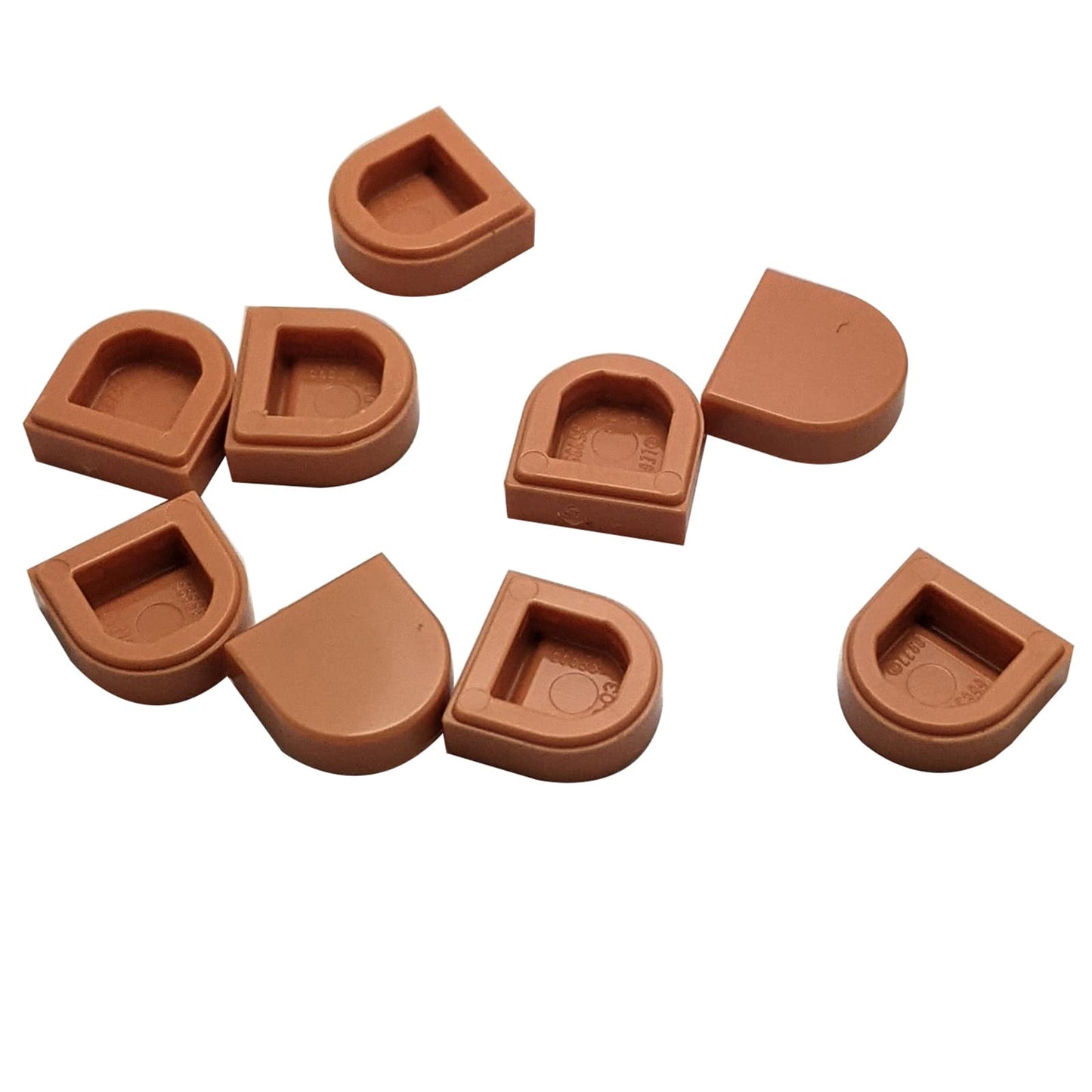 LEGO® Tile Round 1 x 1 Half Circle Extended (24246) in medium nougat, featuring a smooth curved front and flat back edge.
